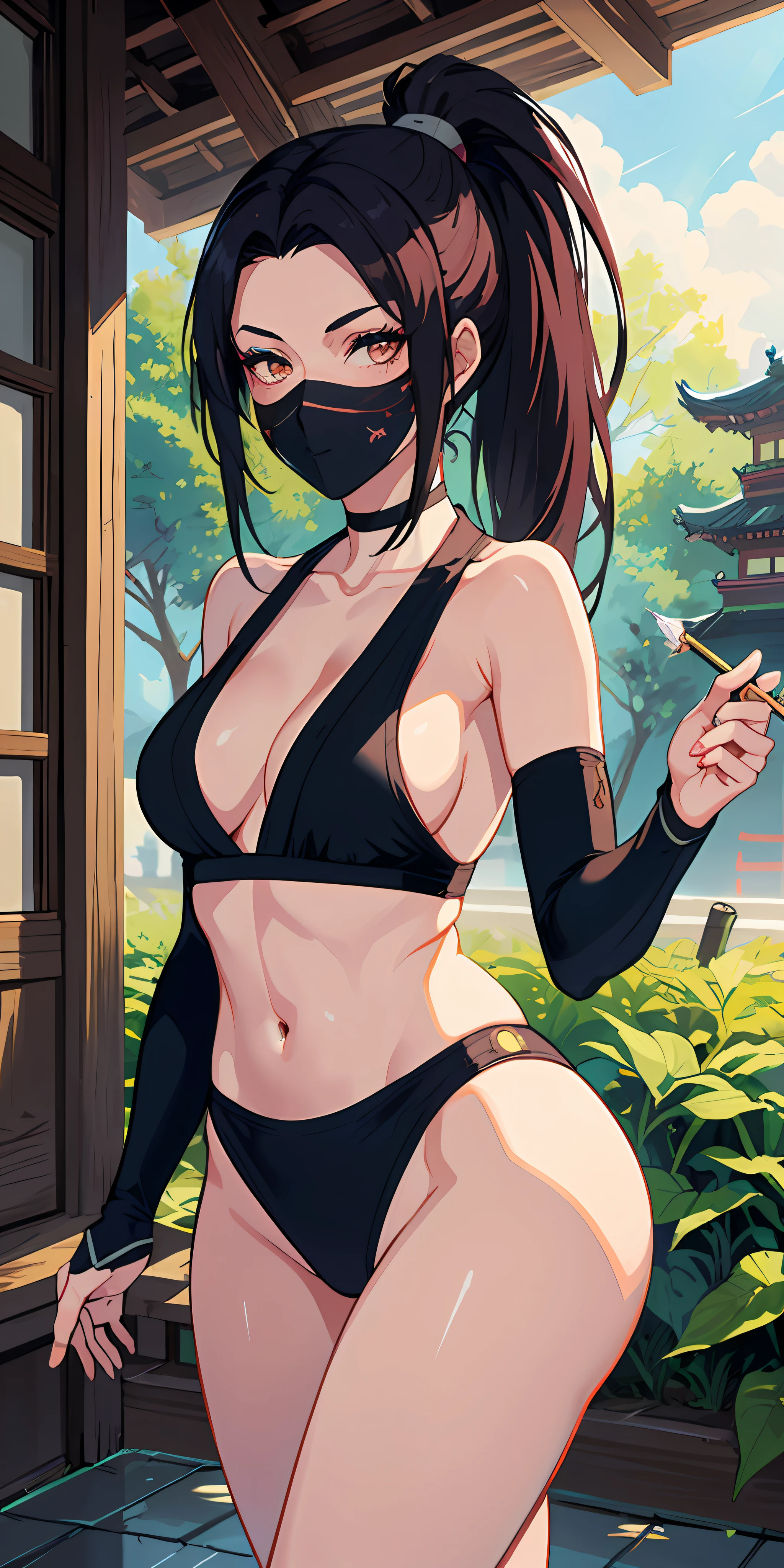 akali, league of legends, 1girl, ponytail, parted lips, blush, makeup, smirk, (ninja:1.3, kunoichi:1.3), ninja mask, light rays, glow, thighs, collarbone, narrow waist, (masterpiece), wallpaper, east asian architecture,