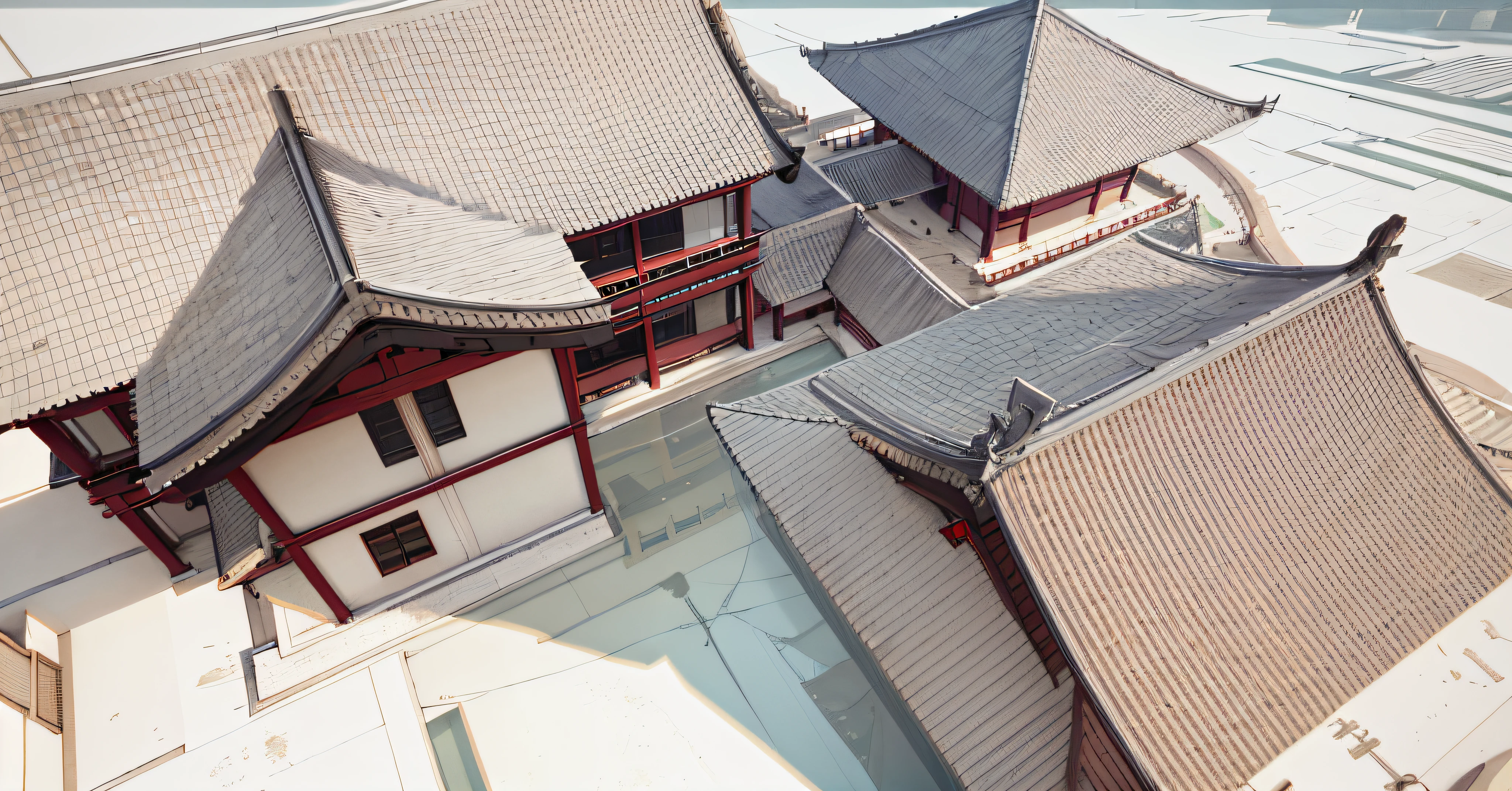 anime artwork,Close-up of the building,There is a pond in front, There are architectural reflections in the water,Beautiful rendering of the Tang Dynasty, Ancient Chinese architecture, Chinese architecture, 3D architecture, Ancient Japanese architecture, iso-distance view, Tang Dynasty Palace, digital model, A digital rendering, buddhist architecture, isometric view from behind, 3/4 view, 3 / 4 view