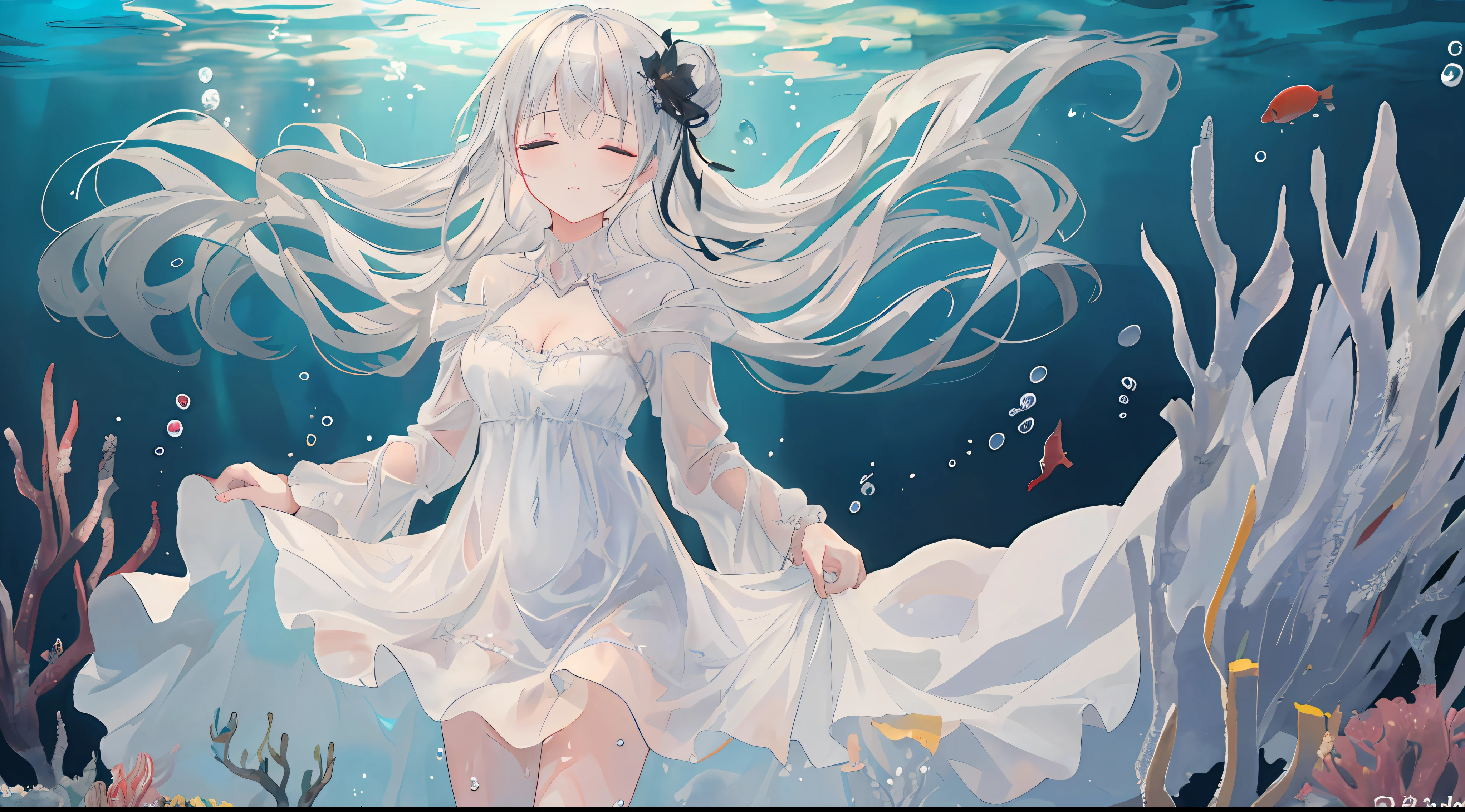 ((masterpiece))),best quality,highly detailed,extremely detailed cg unity 8k wallpaper,(day),hair flower,reflection light,ray tracing,shadow,illustration,((steam)),(((solo))),1girl,(closed eyes),(clear facial details),((disgust)),(smooth skin),thin leg,beautiful detailed eyes,aquagradient eyes,water eyes,silver hair,long hair,hair bun,strands,(gold),(hair ornaments),wet,expose legs,(floating:1.2),(zero gravity:1.2),((wet clothes)),transparent,[dress],(((((wet) translucent white dress,(very long) dress))),((expose cleavage)),red papilla,((bulging,(underwater,deep ocean),(ridiculous long hair:1.3),There are many bubbles in the environment,Dim light,(simple black underwater background:1.3),(drowning:1.3)