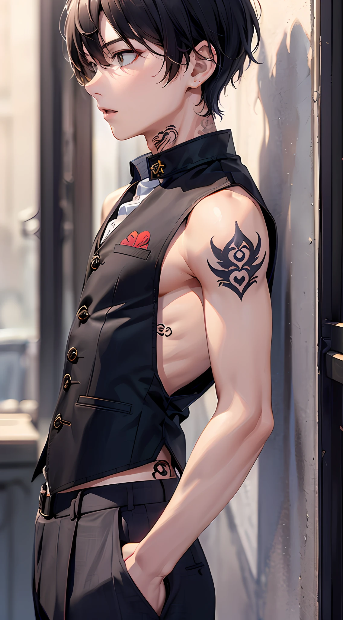Master masterpiece、best quailty、8K、( male:1.5)、black very short hair、(backless Vest and trousers:1.3)、The tattoo