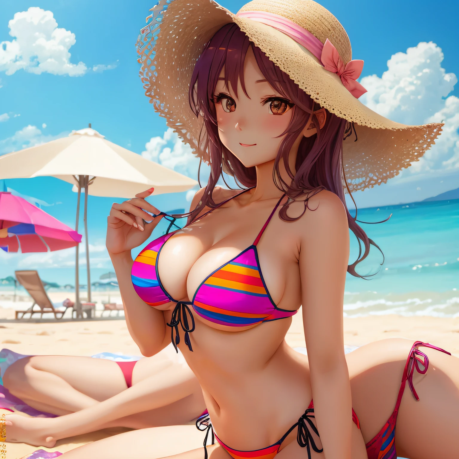 style of anime，Beautiful woman on sunny beach，Dressed in a charming bikini，Wear a brightly colored visor。