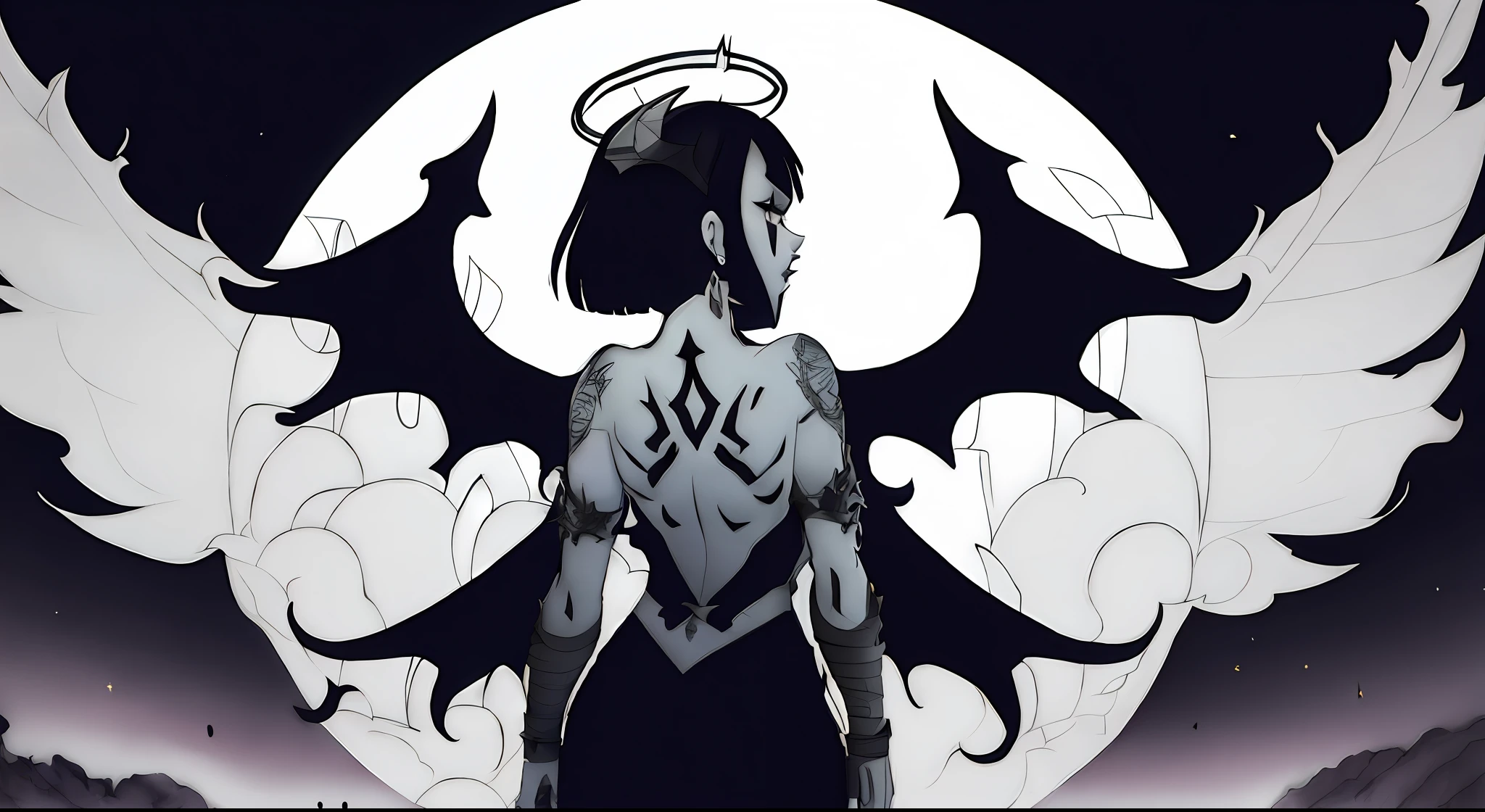 anime - style illustration of a woman with wings and a halo, demon girl, with hellish devil wings, villainess has black angel wings, demoness, demon woman, dark linework, dark high-contrast concept art, detailed angel wings,