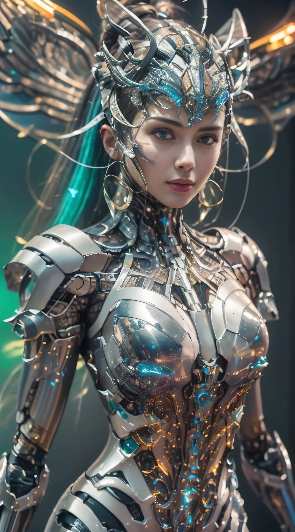 Masterpiece, best quality, super detailed, very detailed illustrations, very detailed, intricate details, high resolution, super complex details, very detailed 8k cg wallpaper, 50MM lens, caustics, reflections, ray tracing, nebulae, dark halos, network effects, (1girl:1.4), solo, alone, mecha musume, mechanical parts, robot joints, single mechanical arm, headgear, mechanical halo, star halo, electric mechanical bodysuit, mecha corset, kimono, full armor, very long hair, white hair, hair between eyes, multicolored hair, blue eyes, glowing eyes, random expression, random action, ancient chinese architecture, starry sky, skyline,