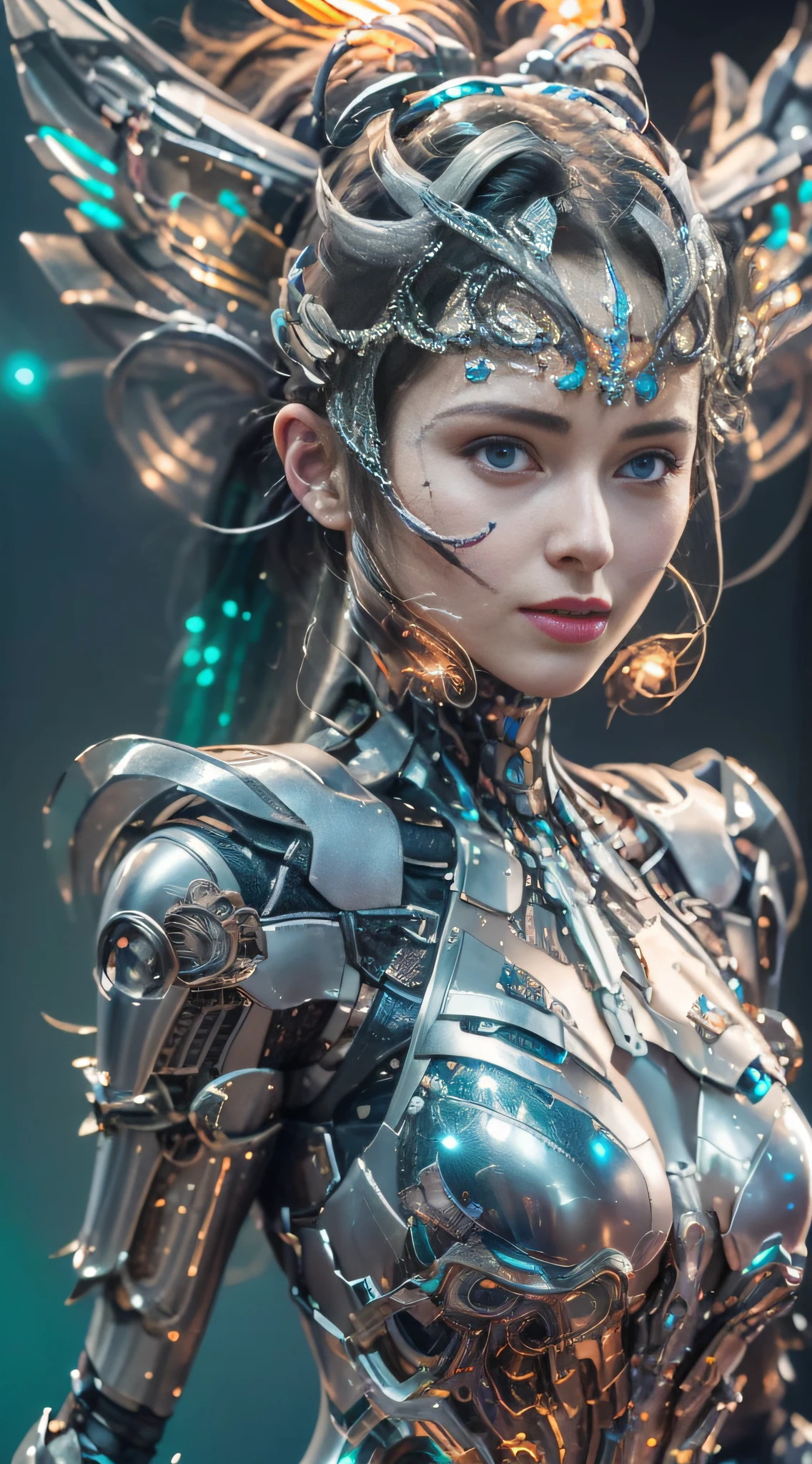 Masterpiece, best quality, super detailed, very detailed illustrations, very detailed, intricate details, high resolution, super complex details, very detailed 8k cg wallpaper, 50MM lens, caustics, reflections, ray tracing, nebulae, dark halos, network effects, (1girl:1.4), solo, alone, mecha musume, mechanical parts, robot joints, single mechanical arm, headgear, mechanical halo, star halo, electric mechanical bodysuit, mecha corset, kimono, full armor, very long hair, white hair, hair between eyes, multicolored hair, blue eyes, glowing eyes, random expression, random action, ancient chinese architecture, starry sky, skyline,