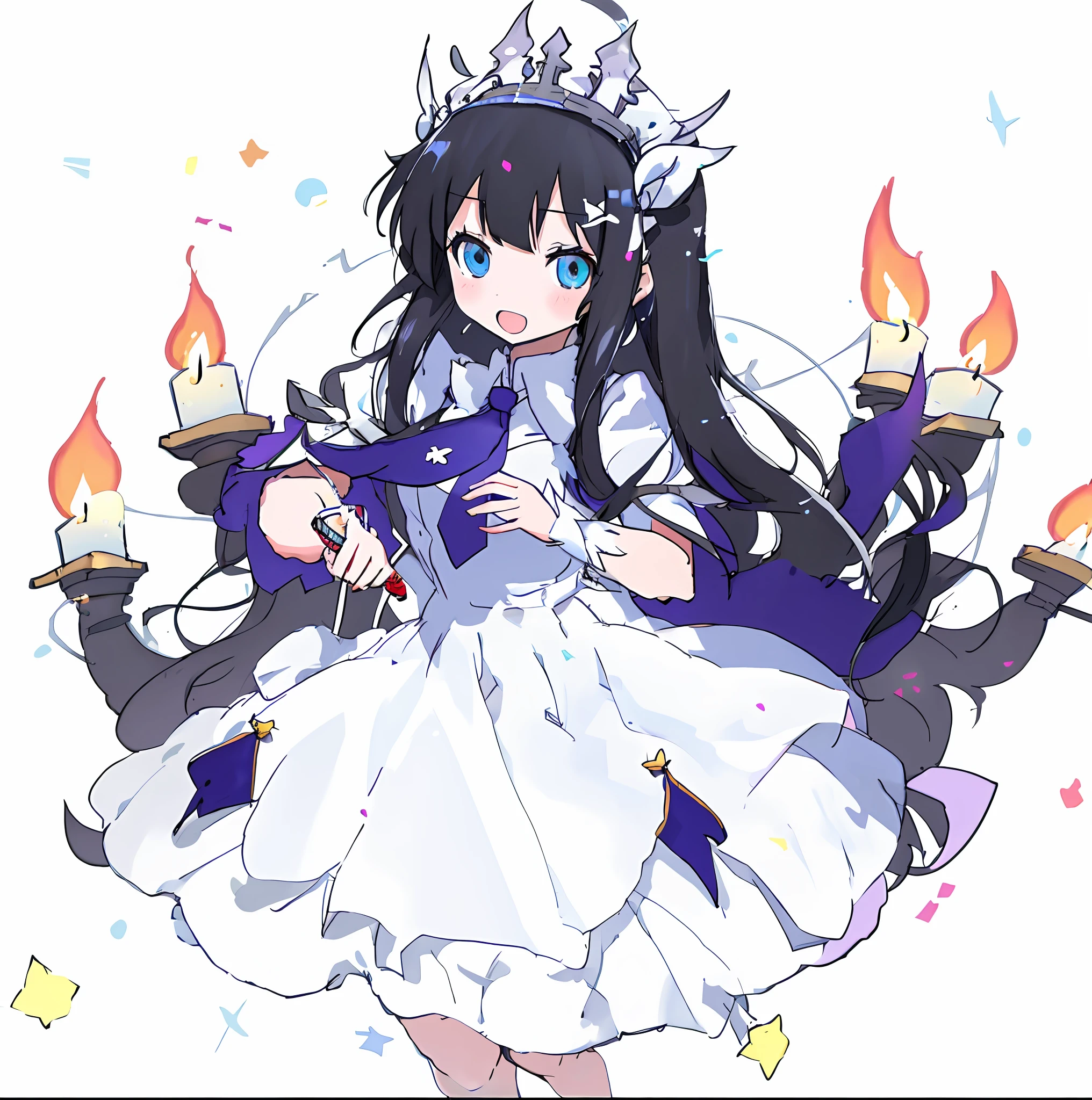 Anime girl in white dress holding silver candlestick，White lace headdress，Wear a tie,Designed from head to toe， Anime moe art style, Hestia, Marin Kitagawa fanart, animel《kingpin》Albedo in , loli in dress, little curve loli, tsuaii, Anime goddess, cute anime waifu in a nice dress, shalltear from overlord,