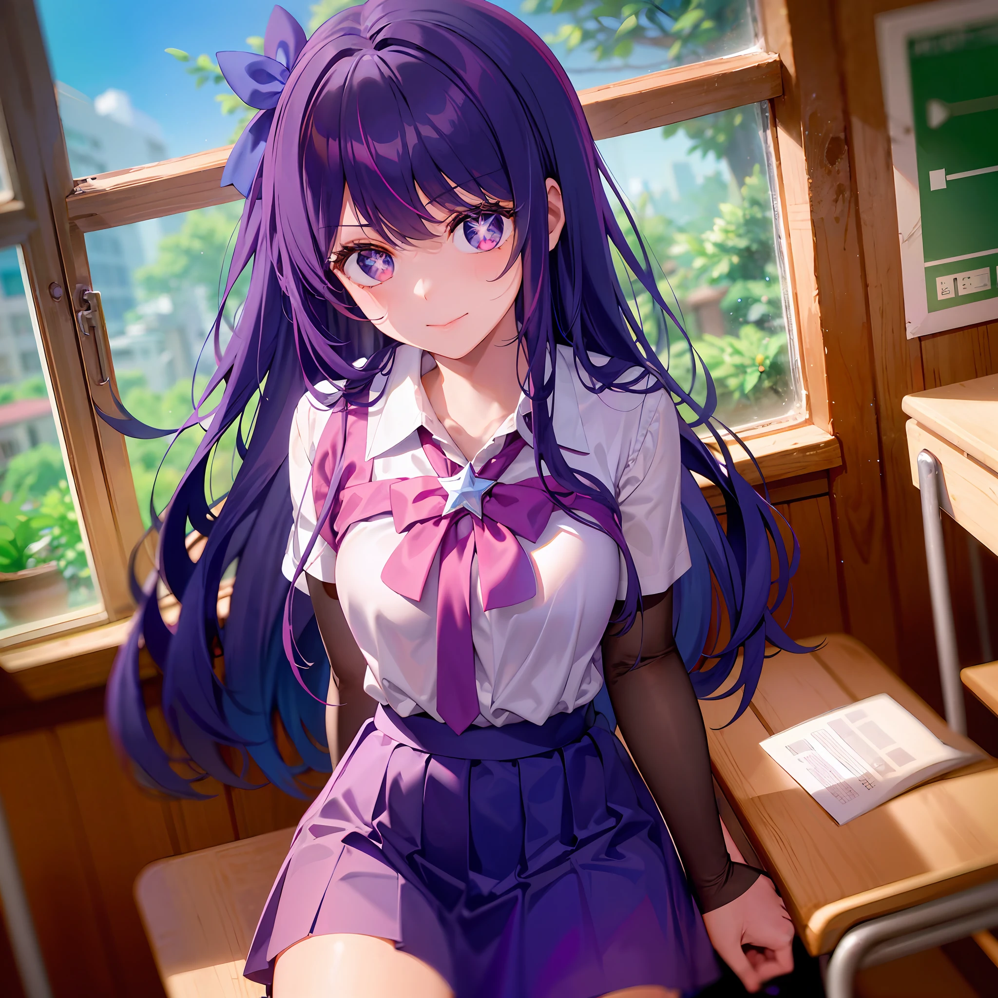 A girl with，‎Classroom，There is a five-pointed star in the eye，Long purple hair，school uniformss，Look at viewers，best quailty，8K