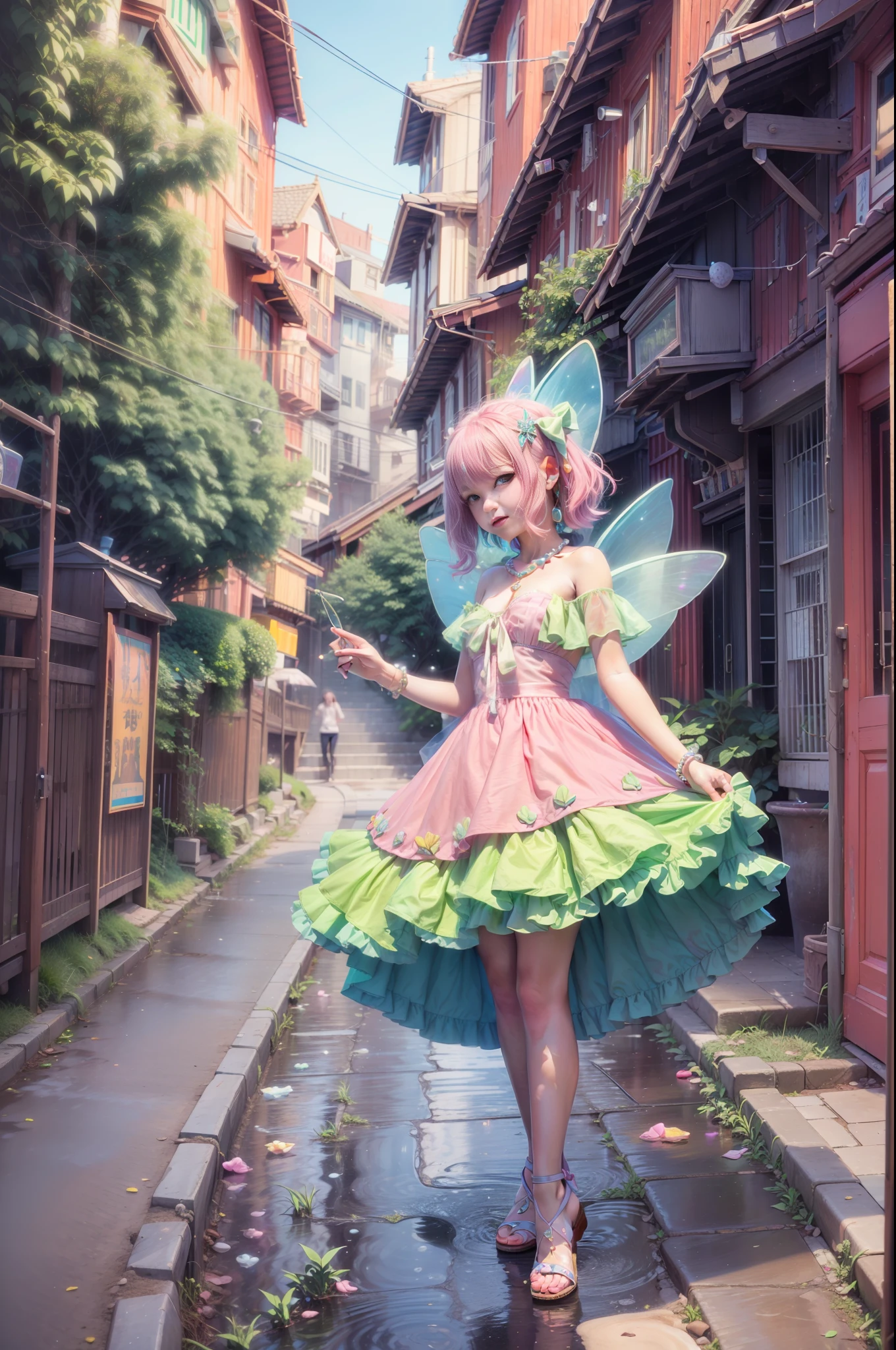 Pearls adorned with pastel pink dresses and hair accessories、Ren Hao、And hair dyed in candy color。With shining green eyes that play innocently、Glitter sandals dancing brilliantly。A beautiful girl who is somehow mysterious like a fairy