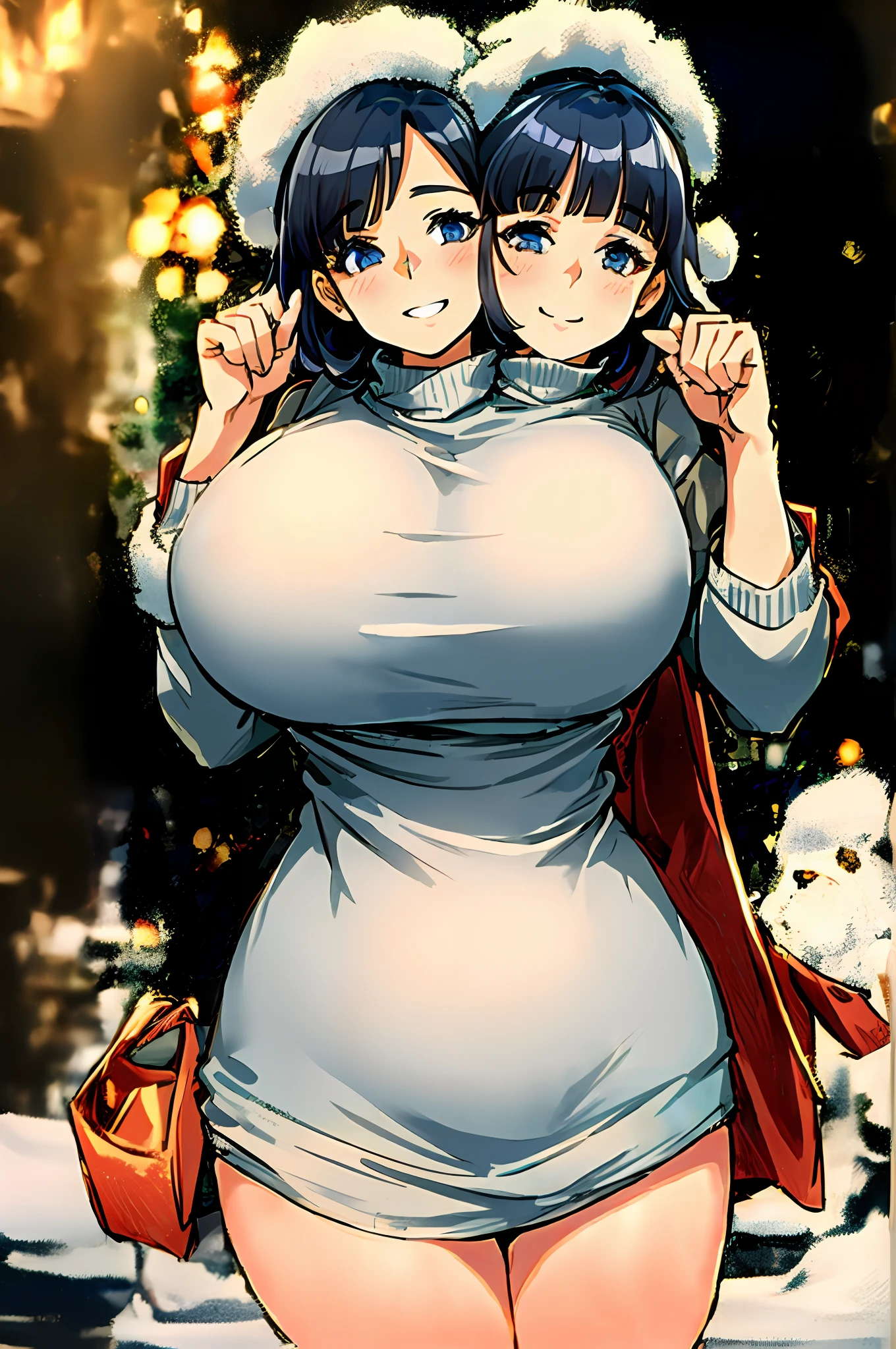 2heads, a short chubby woman with 2 heads. She has enormous breasts. She is very chubby and short. She is wearing winter attire. She is outside on a snowy day. She has gigantic breasts. She has a warm personality. She is smiling. She has a motherly appearance.