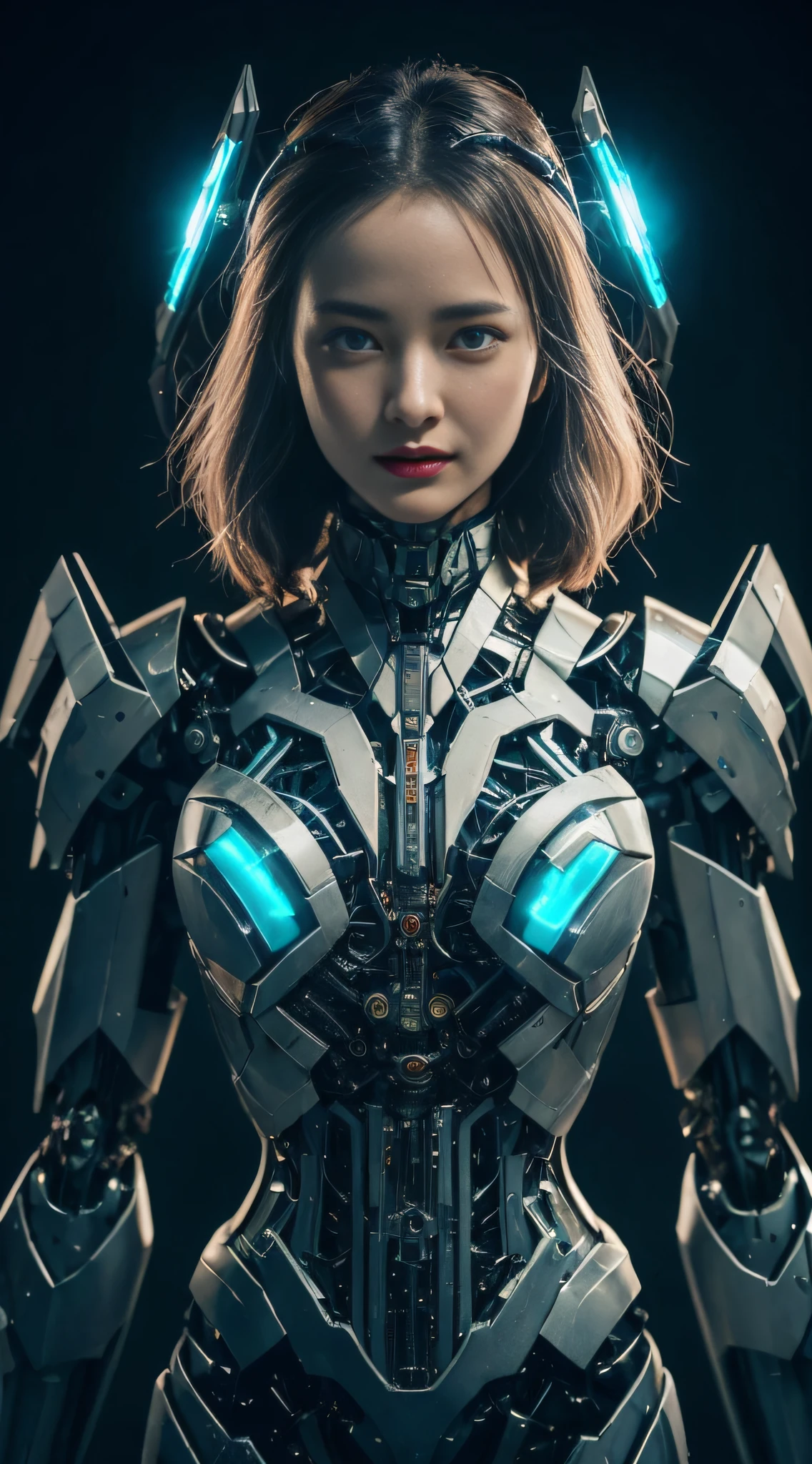 Masterpiece, best quality, super detailed, very detailed illustrations, very detailed, intricate details, high resolution, super complex details, very detailed 8k cg wallpaper, 50MM lens, caustics, reflections, ray tracing, nebulae, dark halos, network effects, (1girl:1.4), solo, alone, mecha musume, mechanical parts, robot joints, single mechanical arm, headgear, mechanical halo, star halo, electric mechanical bodysuit, mecha corset, kimono, full armor, very long hair, white hair, hair between eyes, multicolored hair, blue eyes, glowing eyes, random expression, random action, ancient chinese architecture, starry sky, skyline,