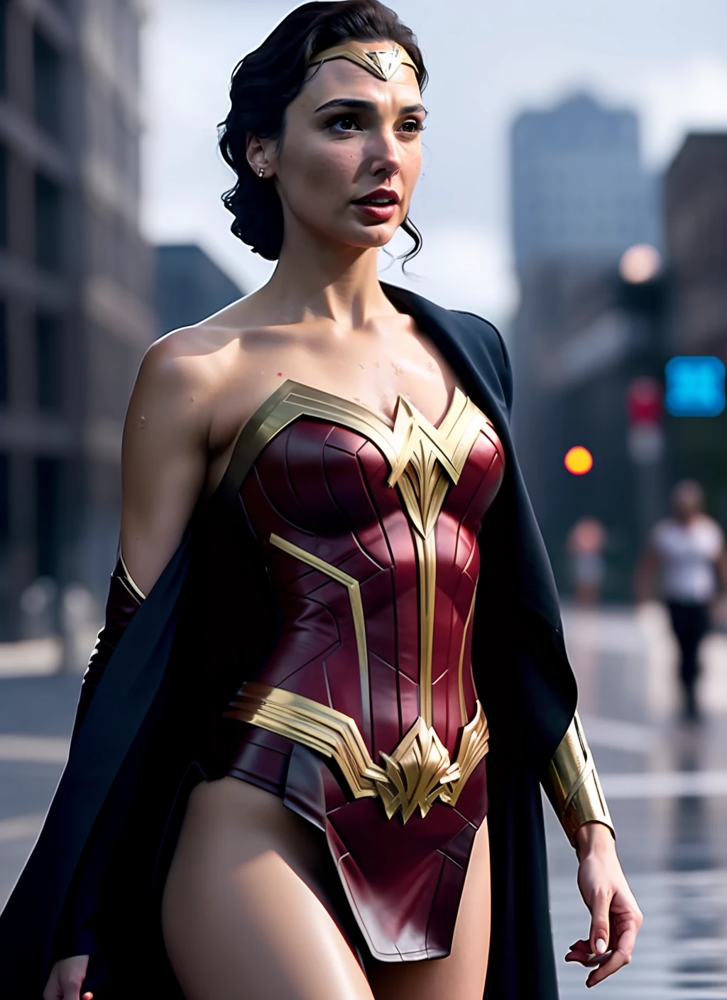 Beautiful gal gadot, on street, sexy pose, arms up, show breast, show boobs, bare breast, sweat, wet body, sharp, ultra detail, city background, unreal engine 5, realistic,