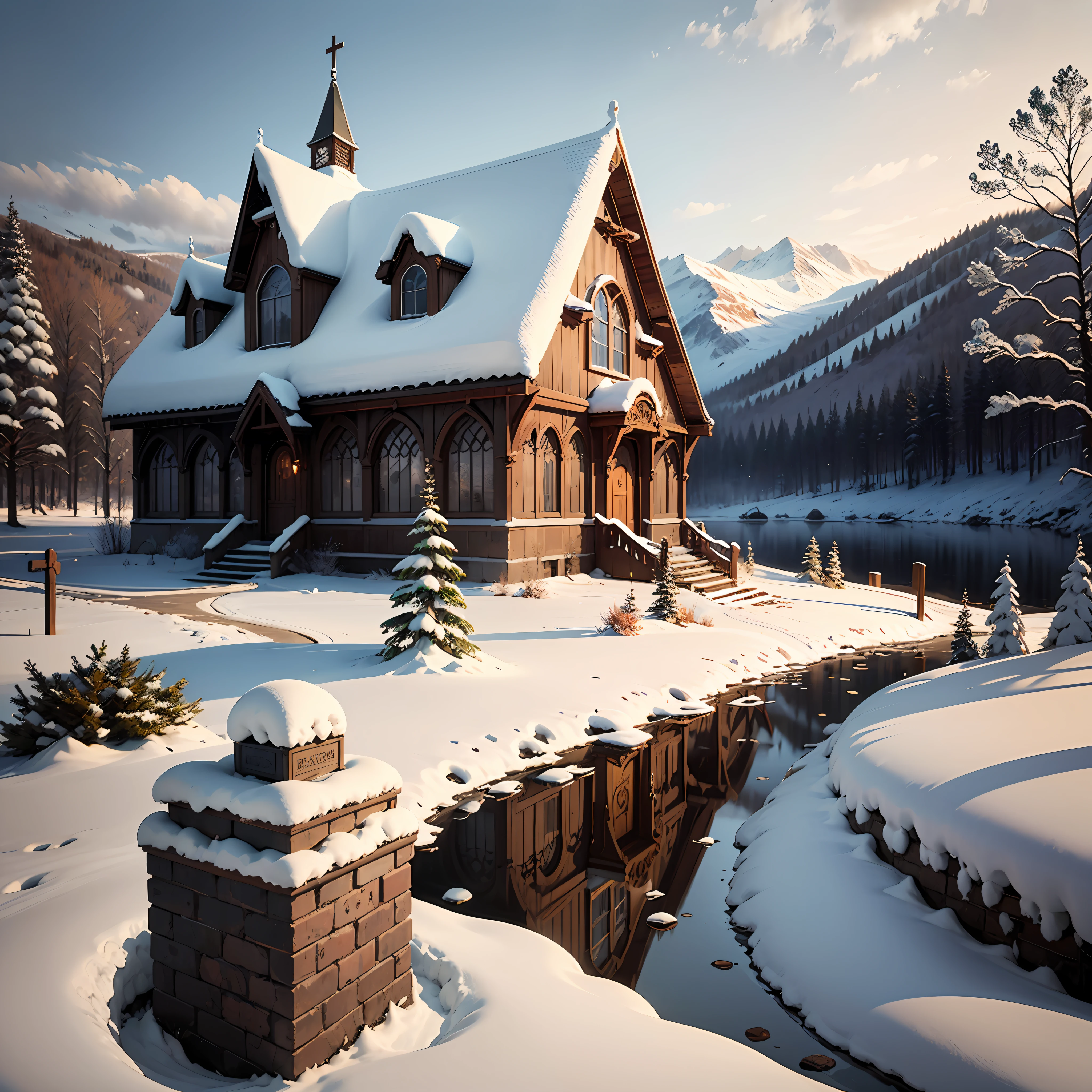 Best quality, masterpiece, ultra high res, (photorealistic:1.4), old church, snow, detailed, lake, landscape, scenery