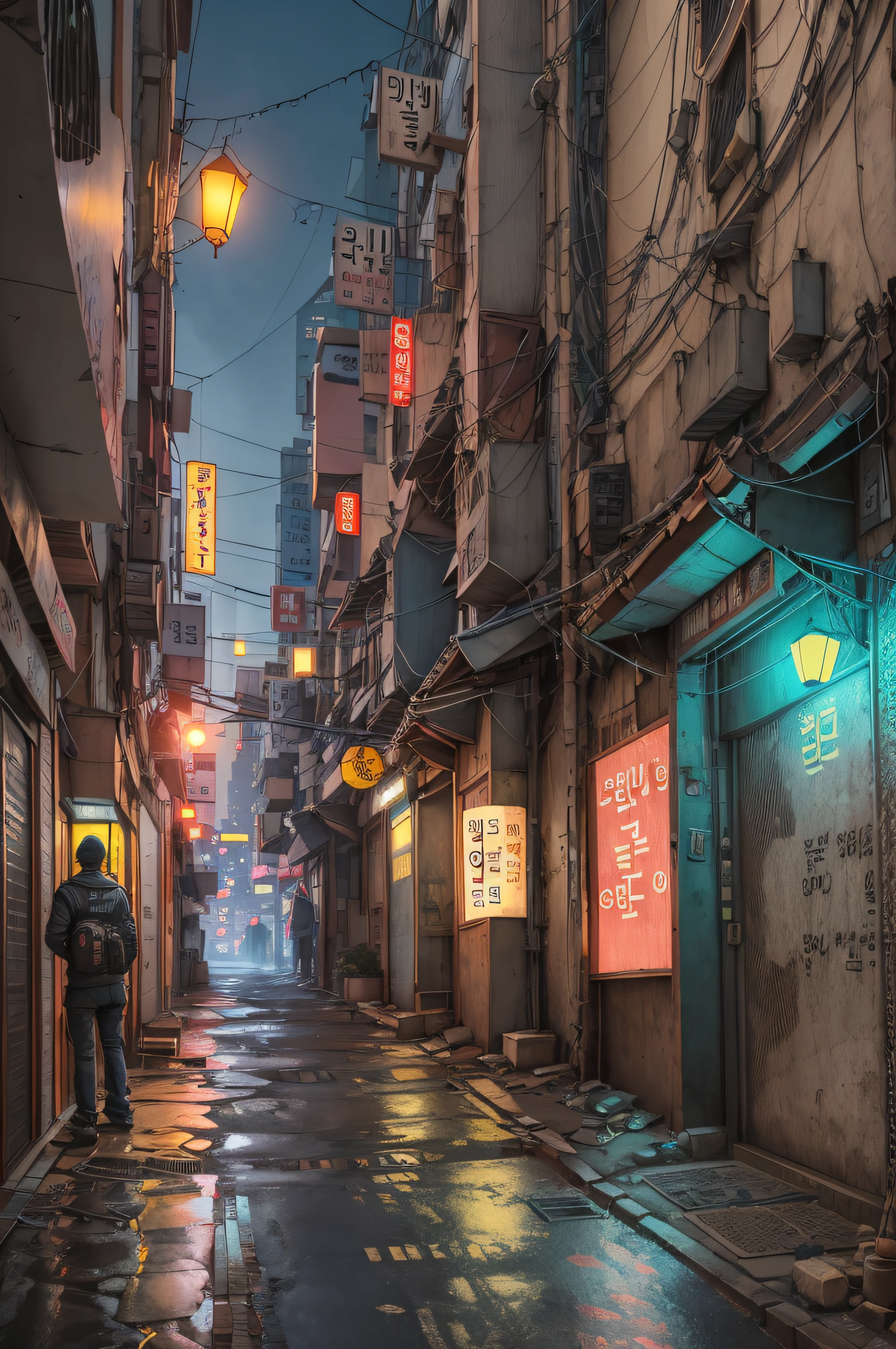 lonely narrow ally in Seoul, cyberpunk city from sci-fi movie, empty street, night, Korean, Korean signs, old shops, cozy, circuit boards, wires, intricate, hyper-detailed, realistic, ultra-realistic, high quality, best, ultra detail, crazy detail, extremely detailed, photo realism, 8k