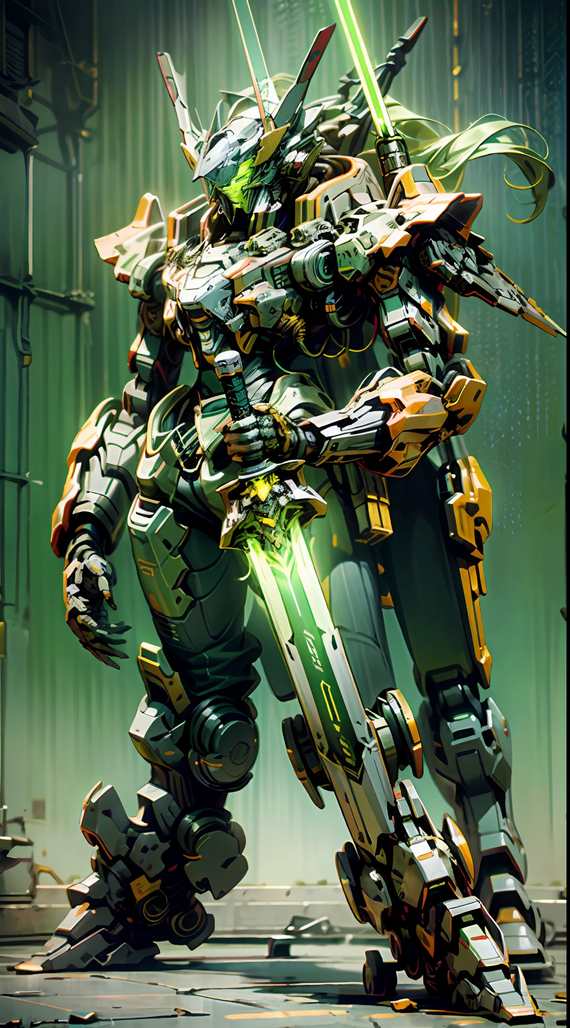 "This is a mech that is about to go to war, with exquisite lines and a blue color overall. Green luminous devices are mounted on the hands and legs, and heavy missile devices are located above the shoulders and emit an orange-red glow. The mech has a metallic paint sheen and its eyes glow green. Please generate realistic, 3D mechs, the background should not be blurred, and the whole should not be too blurry. ", frontal photos, phantom effects, clear contrast, light and shadow effects, gold body, big sword, light saber, slash