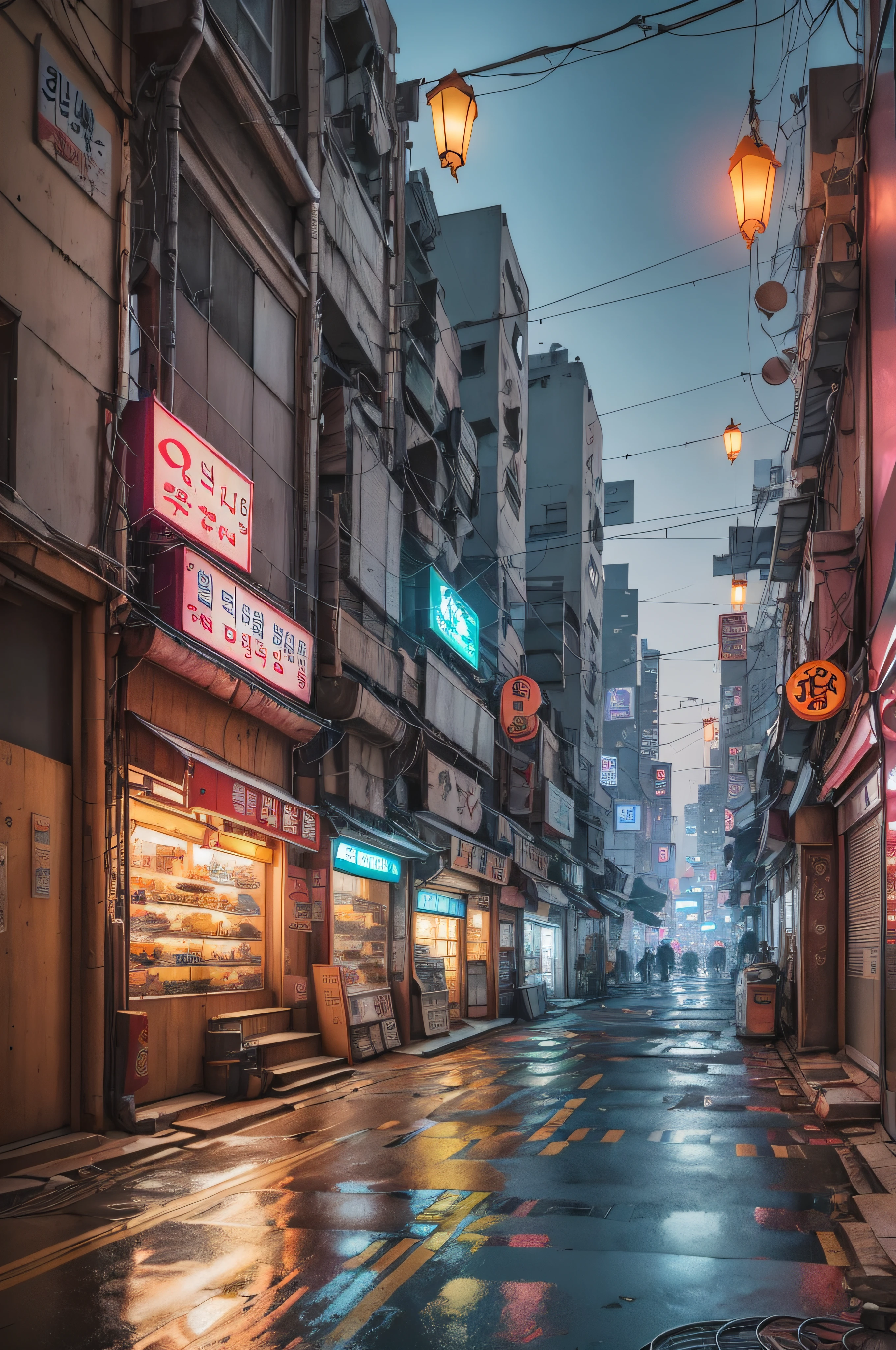 lonely narrow ally in Seoul, cyberpunk city from sci-fi movie, empty street, night, Korean, Korean signs, old shops, cozy, circuit boards, wires, intricate, hyper-detailed, realistic, ultra-realistic, high quality, best, ultra detail, crazy detail, extremely detailed, photo realism, 8k