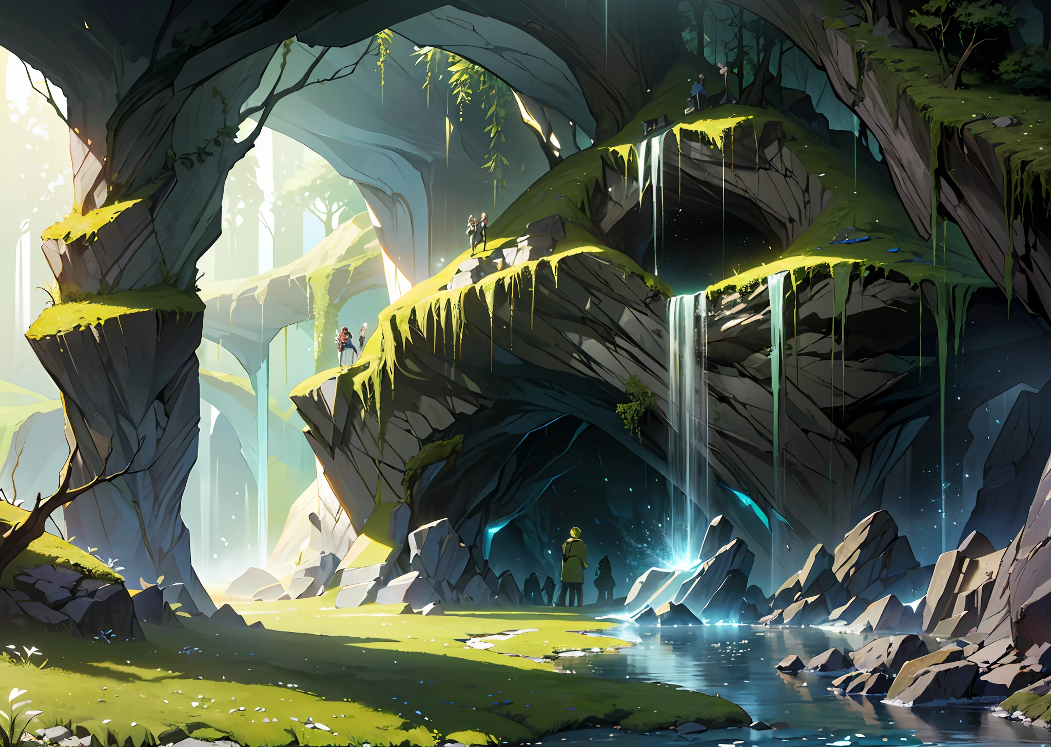 ((mysterious fantasy forest in a large cave)), springtime, Jungle, (((moss))), grass, cave, a tree, meadow, Rock, (illustration: 1.0), epic composition, Realistic lighting, HD Details, masterpiece, beste-Qualit (very detailed CG wallpaper unified 8k), (((dark, dark lighting, dim lighting))), luminous crystals, dramatic, desaturated, (expansive), intricate