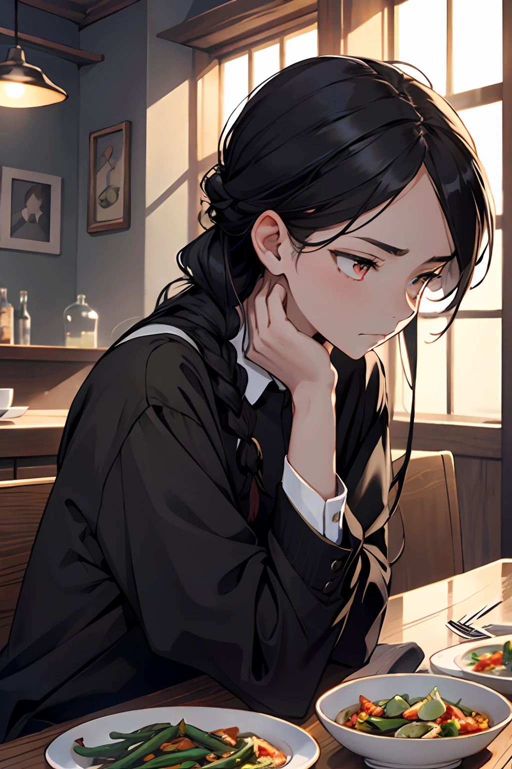 (smooth lighting), ((Beautiful eyes))30mm lens,wide shot layout,wednesday addams BREAK 12years old,black hair,pale skin,red eyes,jitome,hollow eyes, half-closed eyes,detailed eyes,beautiful eyes,hair ornaments at hexagram,1girl,solo,braid,ashamed,troubled expression,best quality,ultra-detailed,(masterpiece),looking away,in Cheap Italian Restaurant,Green bean salad on the table