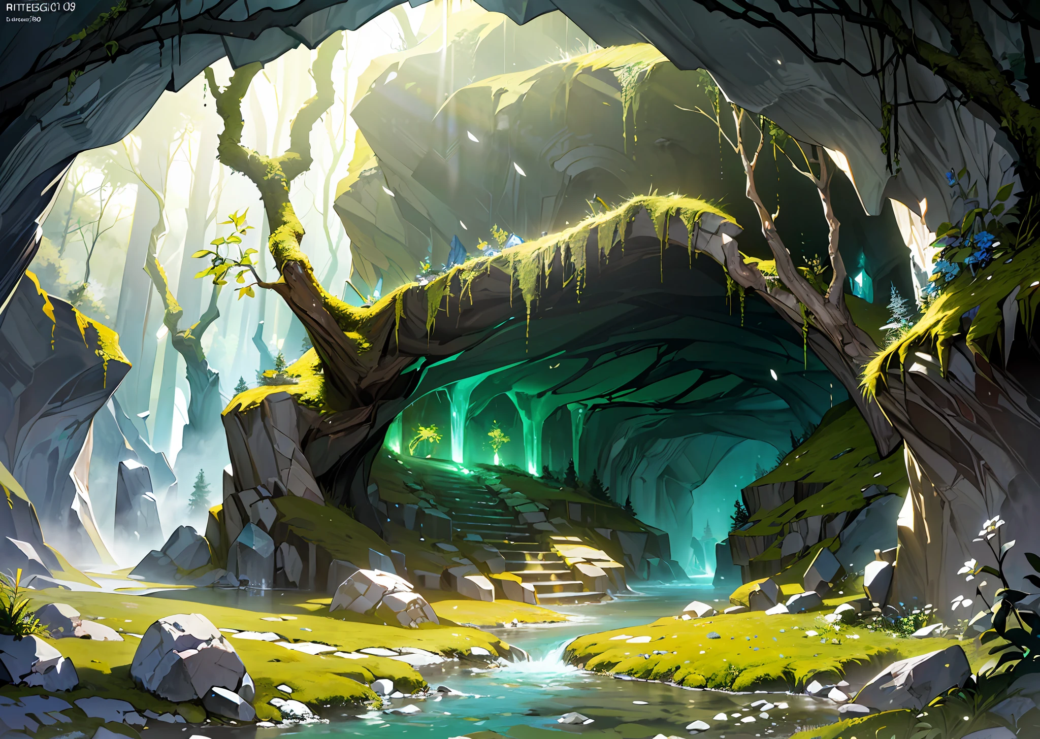((mysterious fantasy forest in a large cave)), springtime, Jungle, (((moss))), grass, cave, a tree, meadow, Rock, (illustration: 1.0), epic composition, Realistic lighting, HD Details, masterpiece, beste-Qualit (very detailed CG wallpaper unified 8k), (((dark, dark lighting, dim lighting))), luminous crystals, dramatic, desaturated, (expansive), intricate