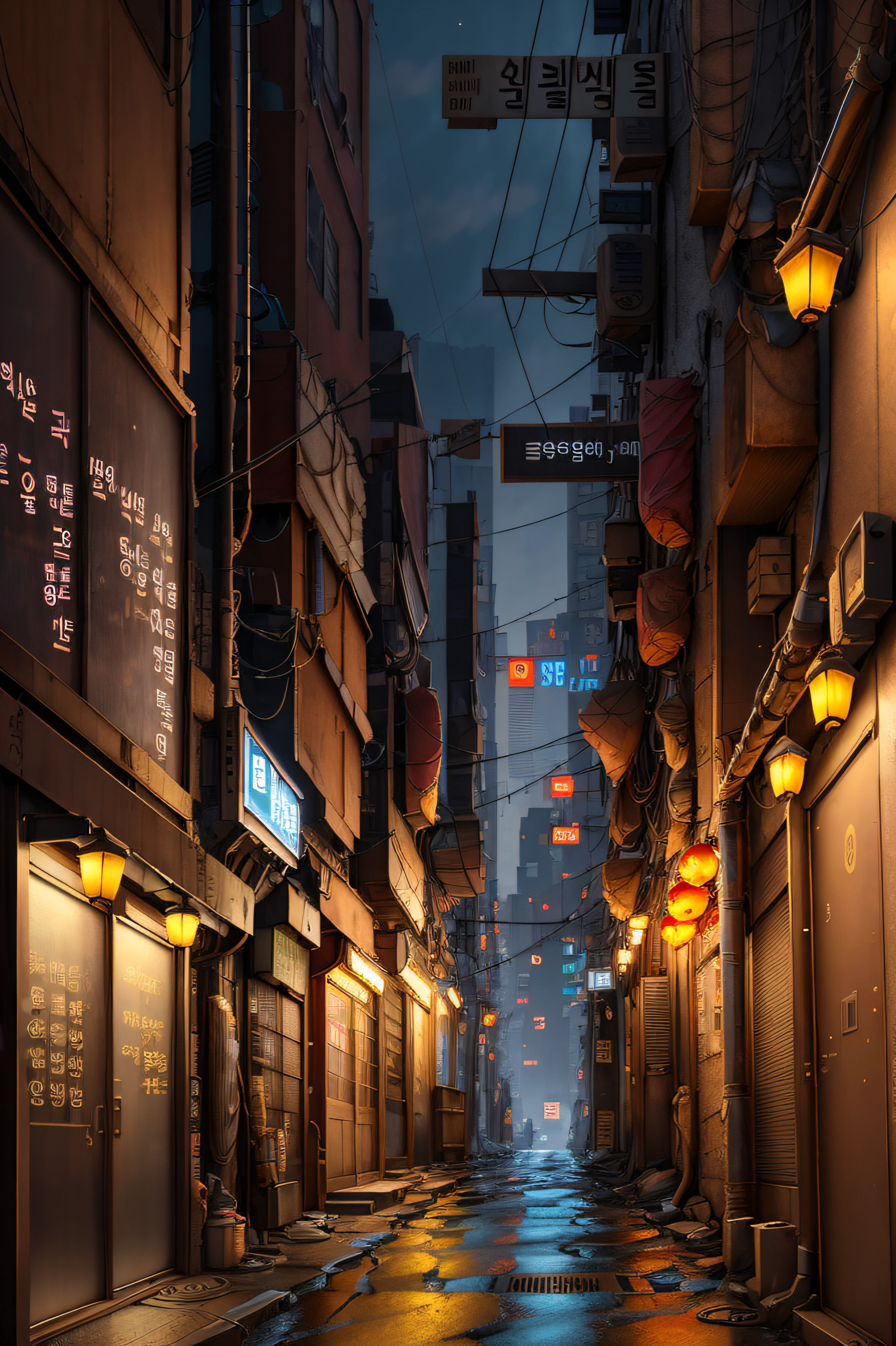 lonely narrow ally in Seoul, cyberpunk city from sci-fi movie, empty street, night, Korean, Korean signs, old shops, cozy, circuit boards, wires, intricate, hyper-detailed, realistic, ultra-realistic, high quality, best, ultra detail, crazy detail, extremely detailed, photo realism, 8k