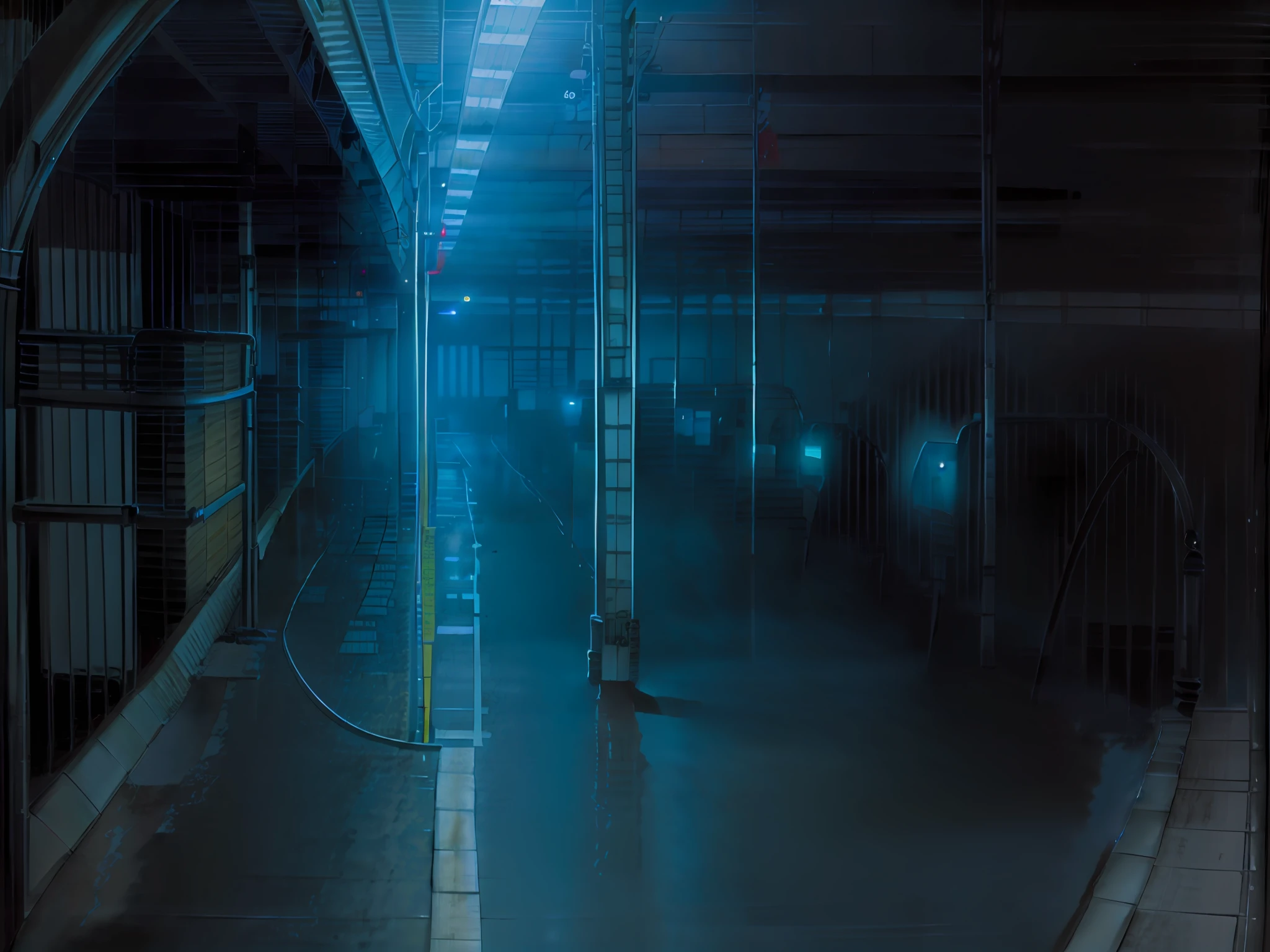 Underground parking,Vast,Dim lighting,Empty,Closed,nigth