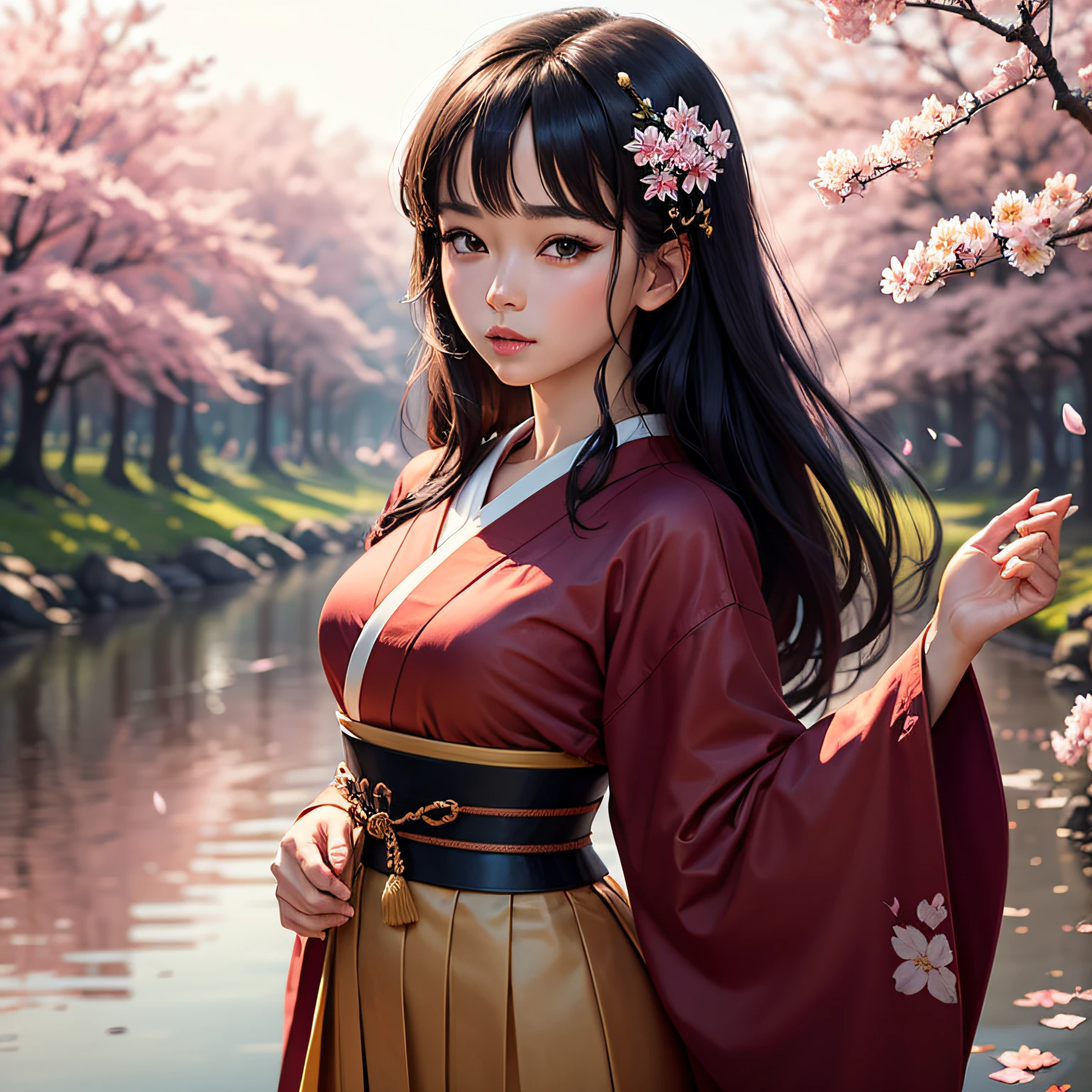 (masterpiece), best quality, ultra-detailed, extremely delicate and beautiful, (1girl), realistic Asian style, black hair, (brown eyes:1.1+dark eyes), traditional Japanese clothing, cherry blossoms, dynamic pose, scenic background, watercolor.