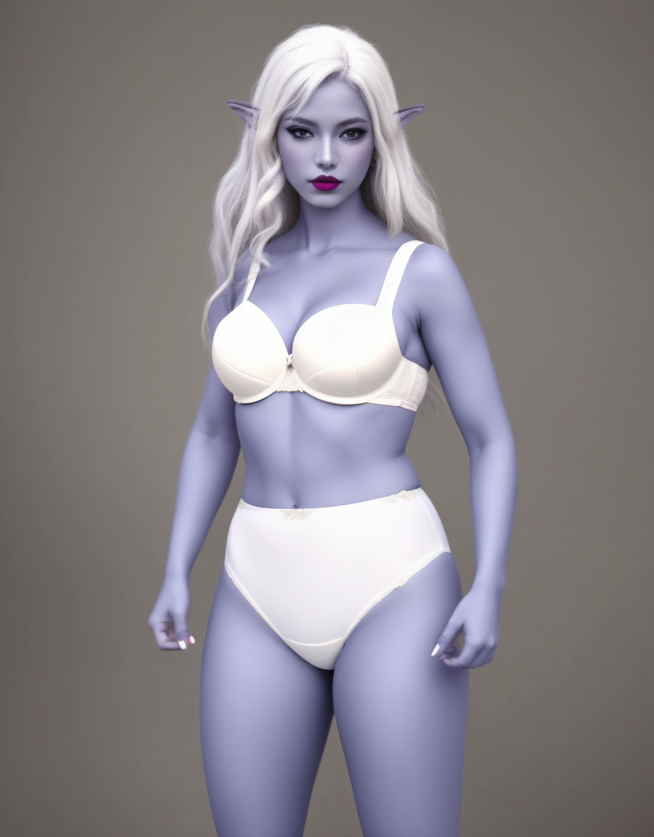 Dark Elf woman with white hair, in white bra, and white high cut panties, purple lipstick, big elven ears, photo realistic, intricate details