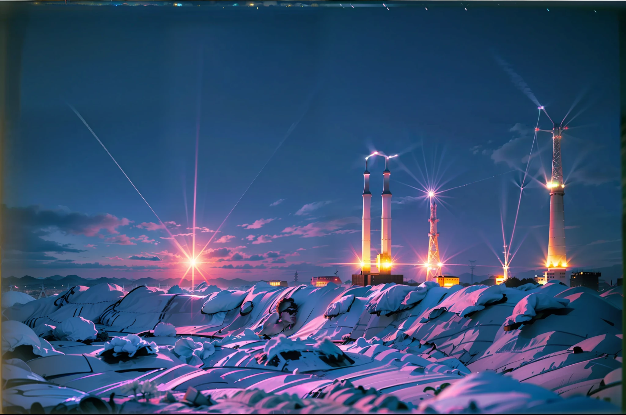 (moonlit field:1.1), [(transmission towers:1.3),(thousands of towers:1.6)], looming on the horizon, panoramic shot