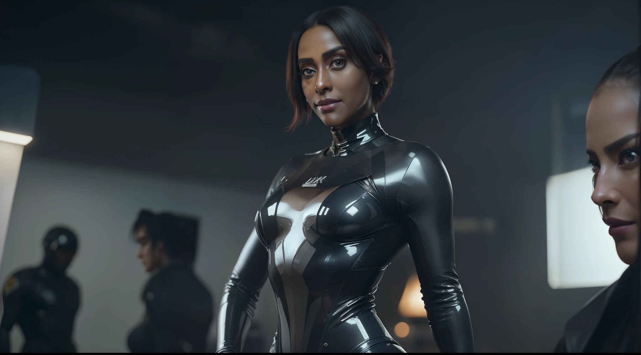 (8k, ARTISTIC photography, best quality, masterpiece: 1.2), (realistic, photorealistic: 1.37), over-detailed, (high-detail skin: 1.2), ((Lashana Lynch)) 8k uhd, SLR camera, soft lighting, high quality, film grain, Fujifilm XT3, cinematic lighting, photonic display, brightness, physically rendered photo (cyber punk Goddess, hacker, African American, dark skin, ebony), beautiful face, (hacking console) ((evil smile)), over-detailed face, (((big open eyes))), beautiful body, voluptuous body, (( dressed as futuristic samurai, latex body suit, ǍCROŇYM)), (((over-detailed women's clothing))), ((( Gore-Tex clothes )), (((smooth matte outfits))), posing, in a dark room with a swat team, tactical unit, MaxTac, special Ops (((pure 8K))), (((perfect anatomy))), extremely high-quality graphics, Riddley scott, ghost in the shell, Blade Runner, Denis Villeneuve (((cinematic lighting))), ((clear details)), complex, highly detailed background,