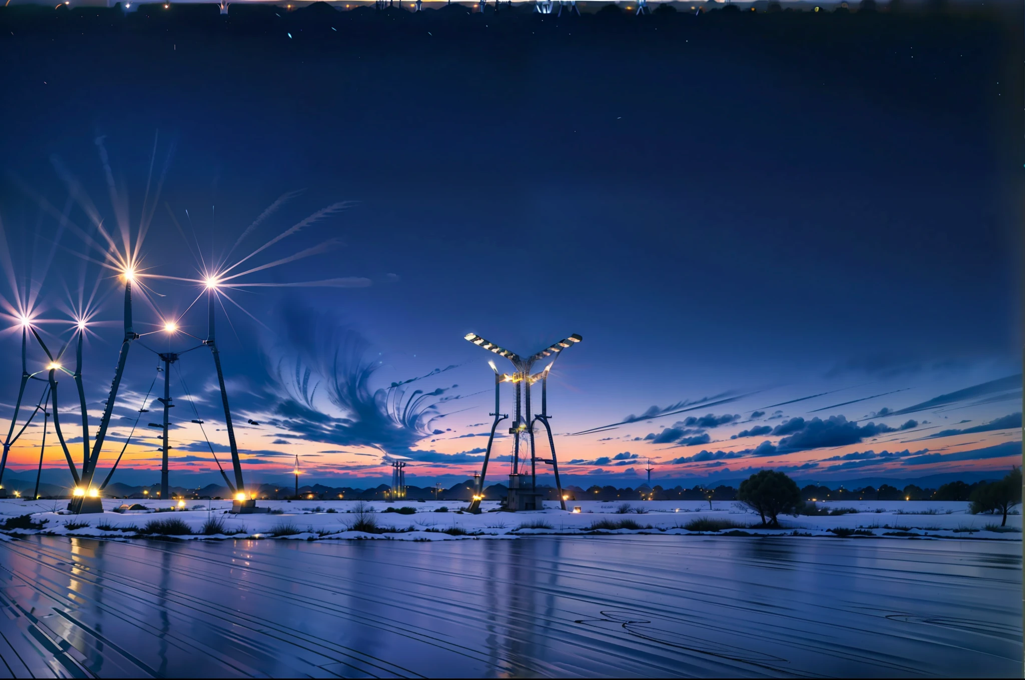 (moonlit field:1.1), [(transmission towers:1.3),(thousands of towers:1.6)], looming on the horizon, panoramic shot