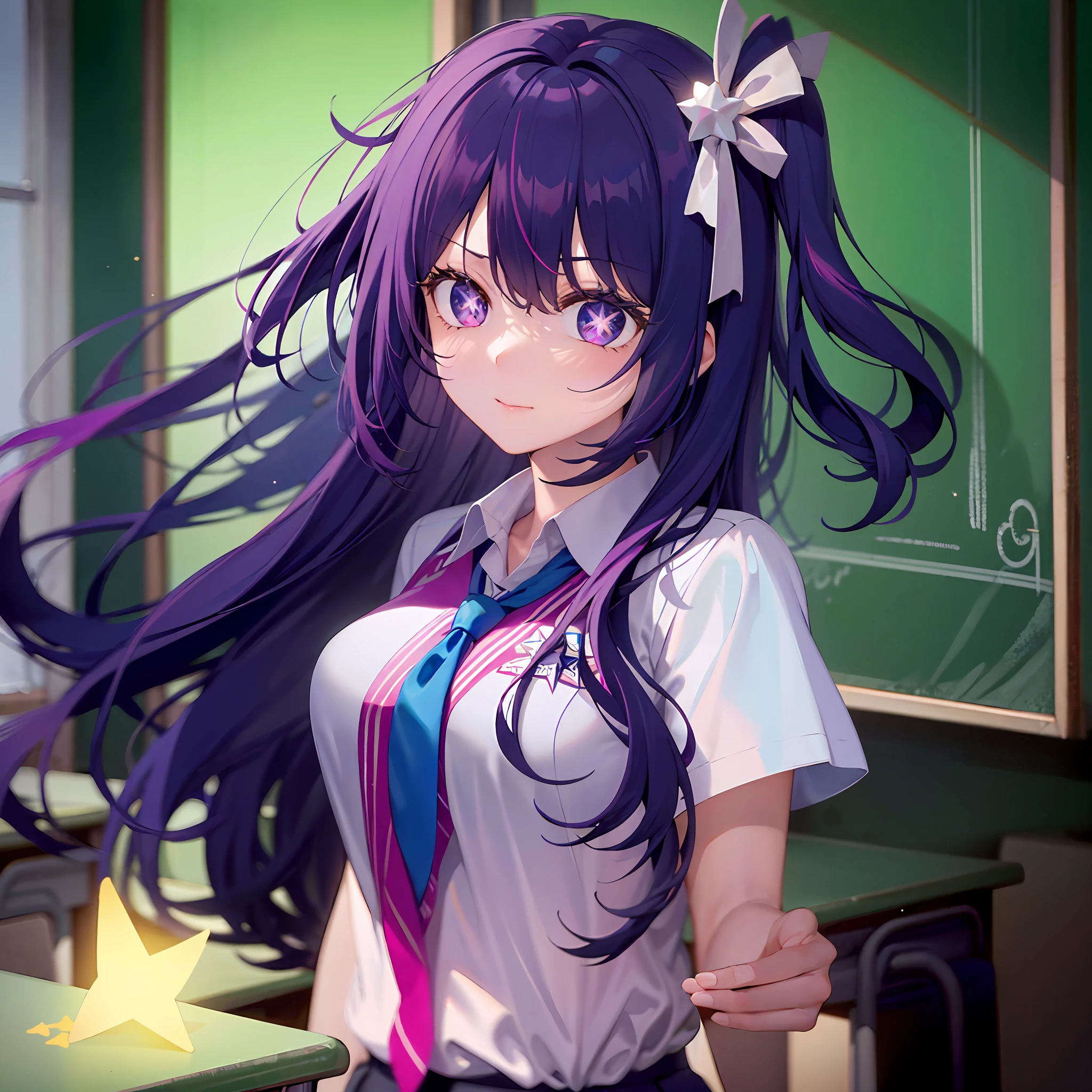 A girl with,Classroom,There is a five-pointed star in the eye,Long purple hair,school uniformss,Look at viewers,best quailty,8K