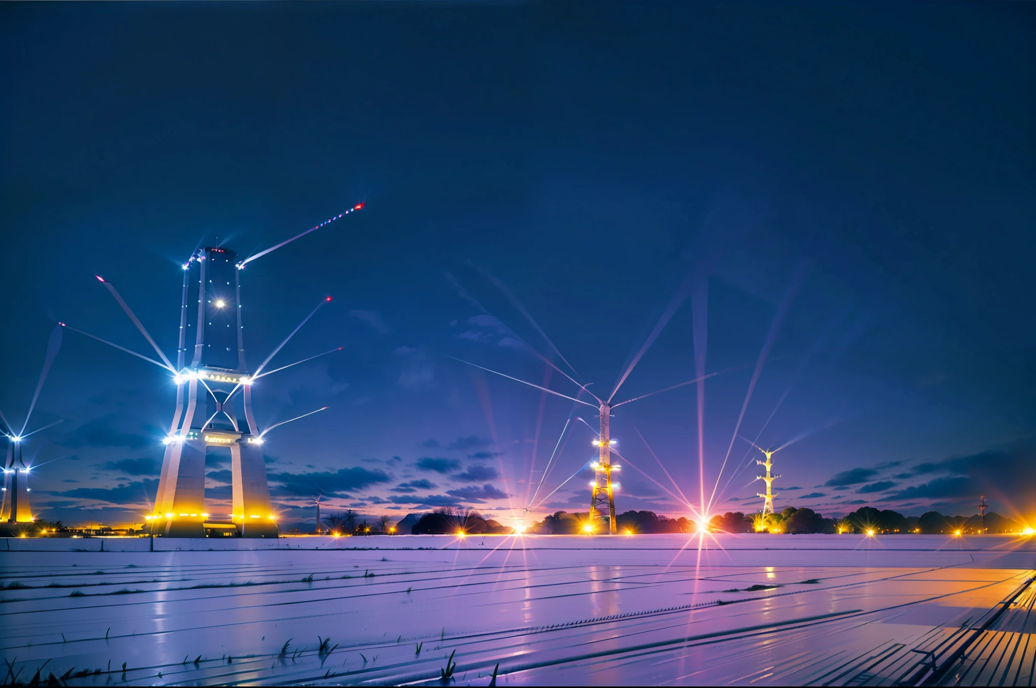 (moonlit field:1.1), [(transmission towers:1.3),(thousands of towers:1.6)], looming on the horizon, panoramic shot