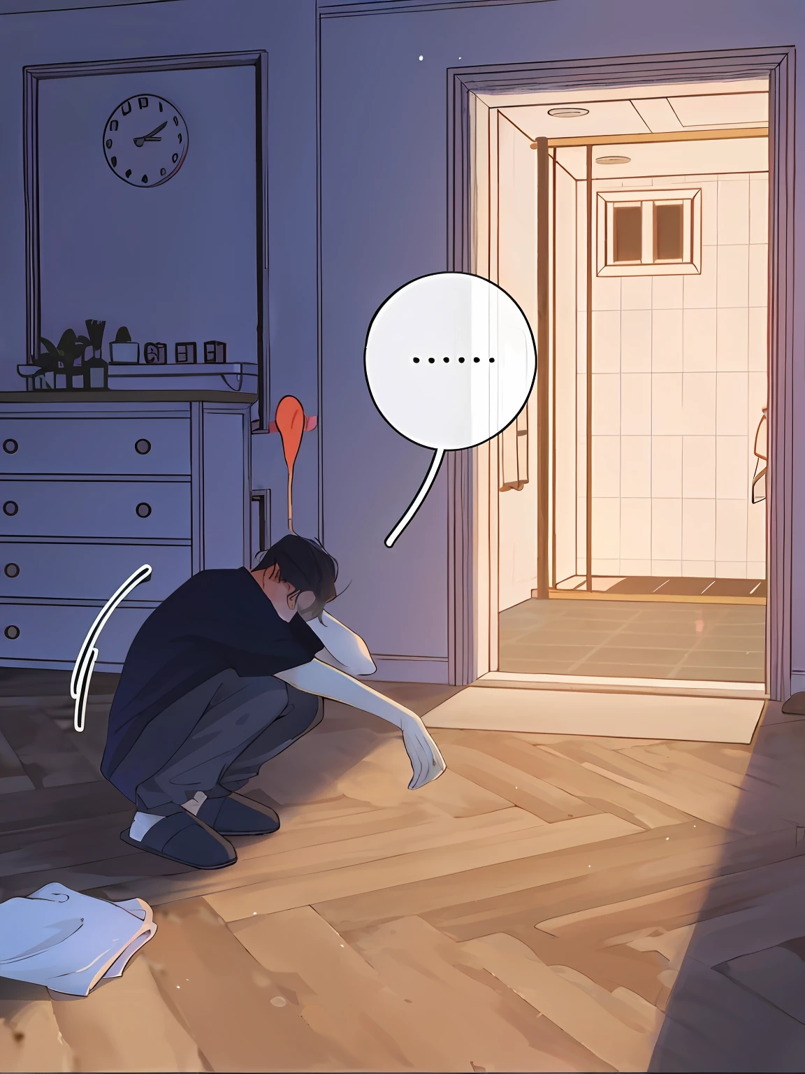 There was a man squatting on the floor in slippers,With his head bowed,The bath towel fell to the floor