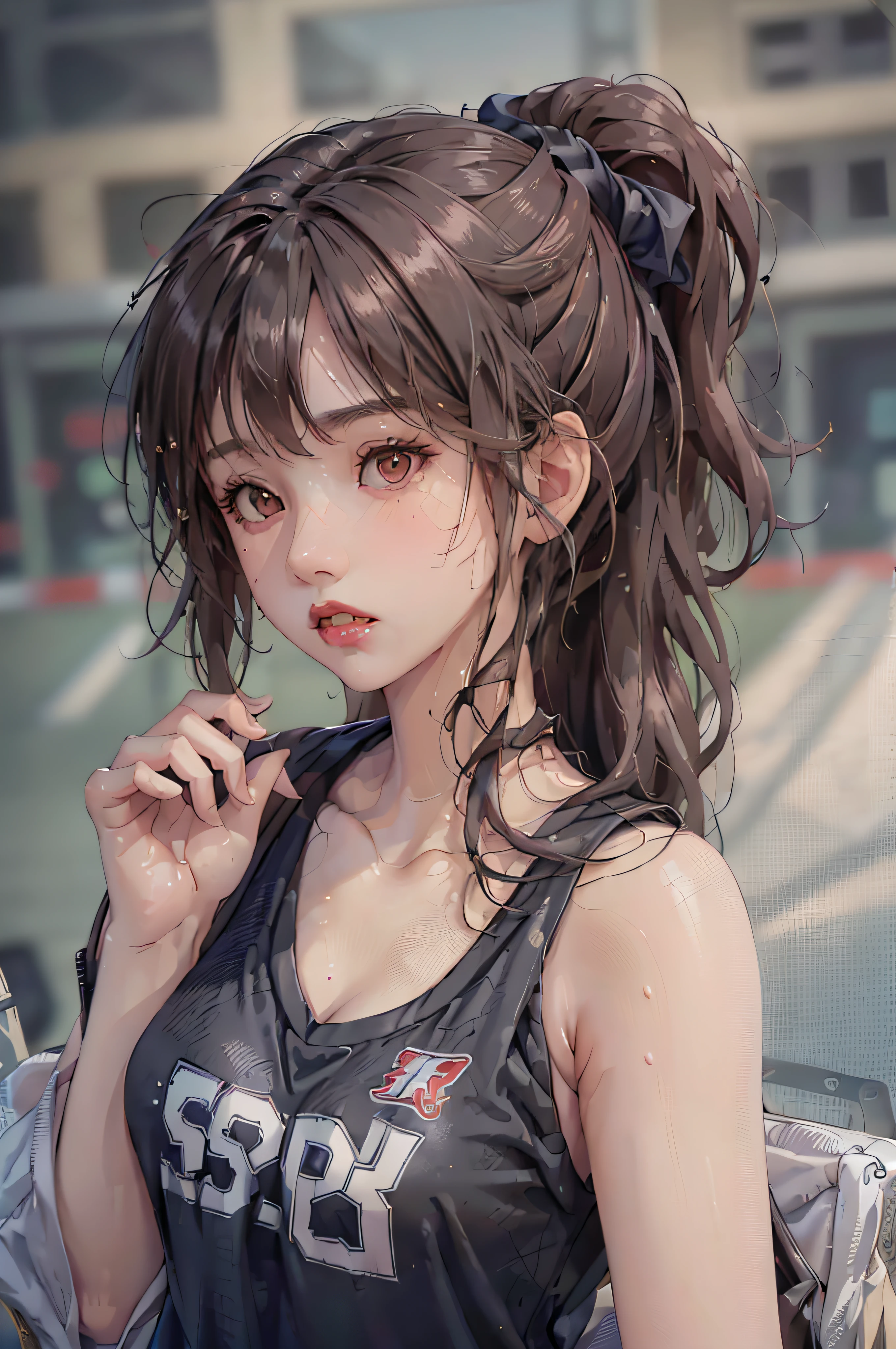Masterpiece: 1.2, best quality), realistic, (real picture, rich details details, depth of field), (1girl, solo), makeup, cleft lip, high detail, perfect face shape, (small breasts: 1.4), (skindentation), thick thighs, Wide hips, thin waist, tall, coral, red lips, red eyes, ponytail, ((((basketball girl, loose clothes, black basketball suit, mid-length pants)))), (sweat: 1.2), (wet), blush, sweaty