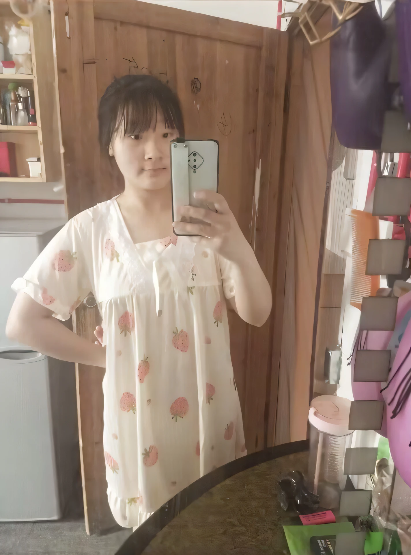 there is a woman taking a picture of herself in the mirror, Wearing a dressing gown, she is about 2 0 years old, she is about 20 years old, she is about 2 , she is about 30 years old, she is about 3 0 years old, photo of slim girl, 2 2 years old old
