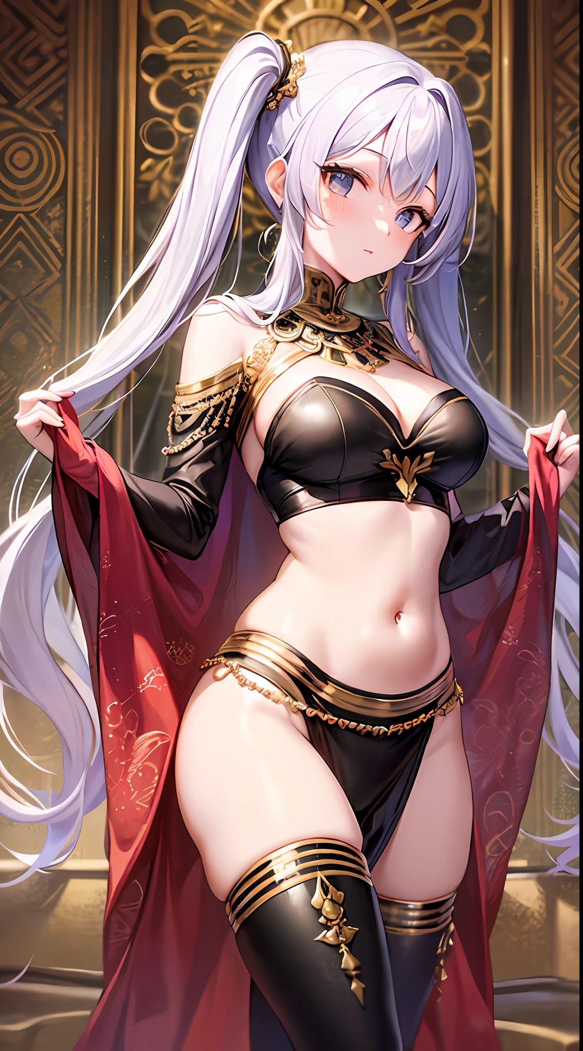 hora da maquiagem, quebrar, (qualidade superior, master part, 8k, muito detalhado, beautiful young lady), (1 : 1.5), (Loli: , (cabelo rosa), (sombra dos olhos), pele brilhante, (mascara: 1.0), (mid breast: 1.5),
(da frente: 1.8), (Cabelo Twintails), knee tights,
ultra high-resolution, Absurdo, (fundo branco), olhos amarelos, dressed as a belly dancer, nice suit, hindu aesthetic, usando uma roupa ornamentada, roupas opulentas vermelhas escuras ornamentadas, Cosplay ornamentado, beleza tradicional, Terno Tai, aesthetic!!!!!! female genie, arab princess, traje suntuoso vermelho e dourado, standingn, corpo inteiro