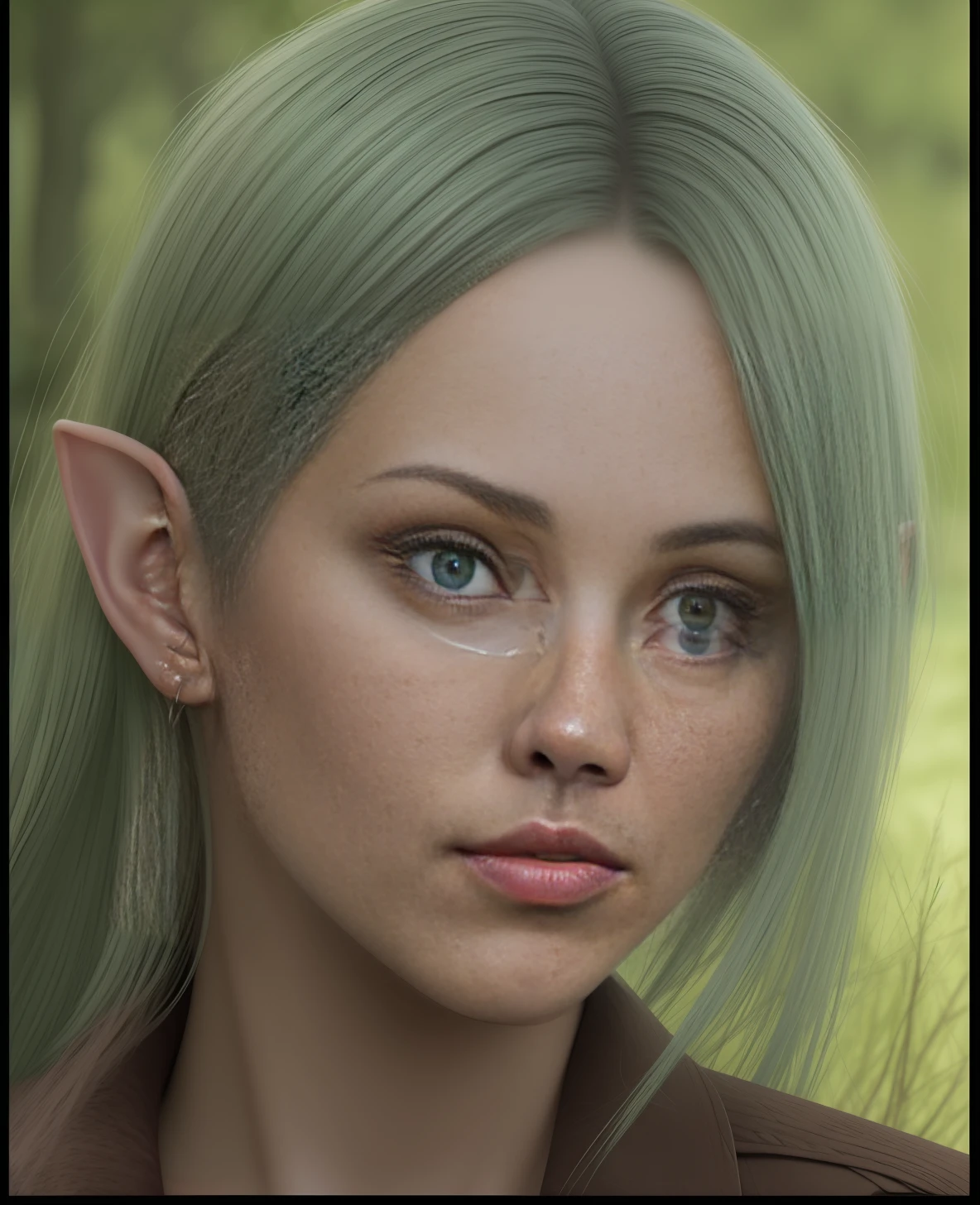 **a portrait of an iconic fantasy, a portrait of a elf with blue eyes and pointed pointy ears, in the style of realistic and hyper-detailed renderings, chilling creatures, 32k uhd, andrea kowch, pseudo-realistic with wind swept hair, realistic, in realistic mossy Forest photography by David bailey. Hasselblad CFV II 50C digital camera ,4k ,sharp focus ,bright colour ,(soft suntanned skin) Albedo map ,normal map ,specular map ,diffuse map ,light map ,noise map ,reflective map ,opacity map ,subsurface scattering ,light and shadow ,global illumination ,dappled shadows