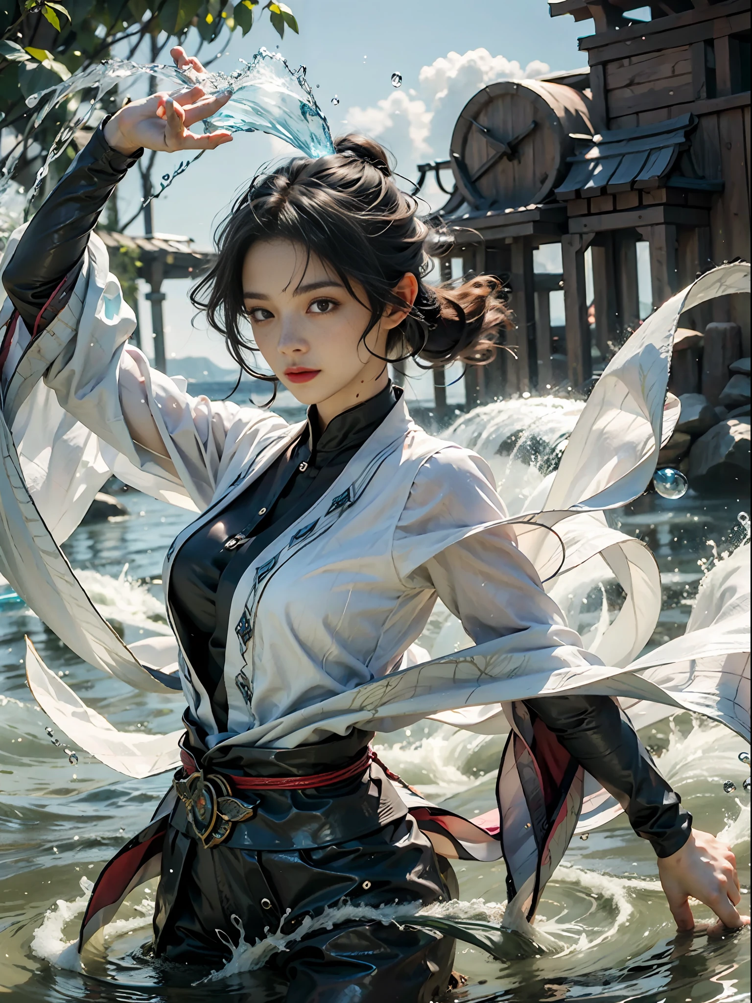 ((best quailty)), ((tmasterpiece)), (A detailed), (Realistis), (offcial art), (Very detailed CG unity 8k wallpaper), (Water magic:1.2), (Manipulating water:1.1), (element control:1.2), (graceful movements:1.1), (Aquatic beauty:1.2), (Mysterious powers:1.2), (Serene expression:1.1), (Flowing tides:1.2), (Sparkling water droplets:1.2), (magic aura:1.1), (magic incantation:1.2), (Ripple waves:1.2), (Splendid water formation:1.1), (Emerges from a whirlpool of water:1.2), (Resonate with nature:1.2),(commanding the elements:1.2),(translucent veils:1.1),(Wisdom and strength:1.2),(swirls of magic:1.2),(Glowing zigzag:1.1),(Harmony with the sea:1.2),(Mysterious origins:1.2),(harmonious balance:1.1),(The power of tranquility:1.2),(A fascinating spectacle:1.2),(Immerse yourself in liquid magic:1.1),The proportions are correct,gossamer,semi transparent