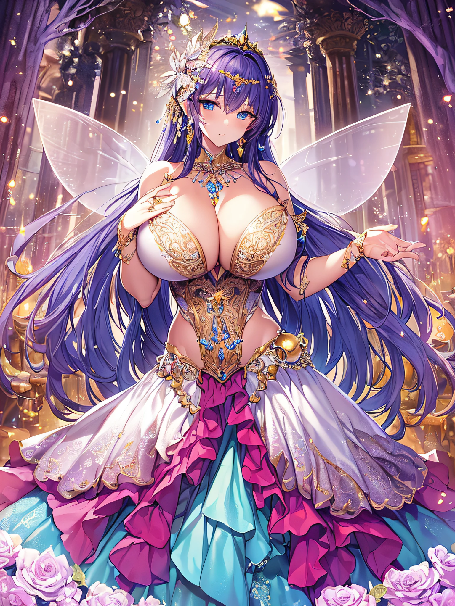 ((anime artstyle)),(Masterpiece),(Best Quality), (Super Detail),((Very Delicate and Beautiful)),Focus on character,Dynamic Angle,Looking at viewer,((Solo)),standing,((full body)),((one fairy tale princess in gorgeous ball gown with voluminous skirt)),detailed face and eyes,(fairy wings),jewel-like eyes,((Very Long voluminous Hair)),gorgeous embroidery and lace,See-through,ornate ruffles,Gorgeous jewelry ornaments,luxury hair ornament,luxury tiara with jewels,(gigantic breasts,Long breasts),full body,outdoor,((fairy tale forest)),fairy tale atmosphere,jeweled ball gown,(((gorgeous ball gown with voluminous skirt))),