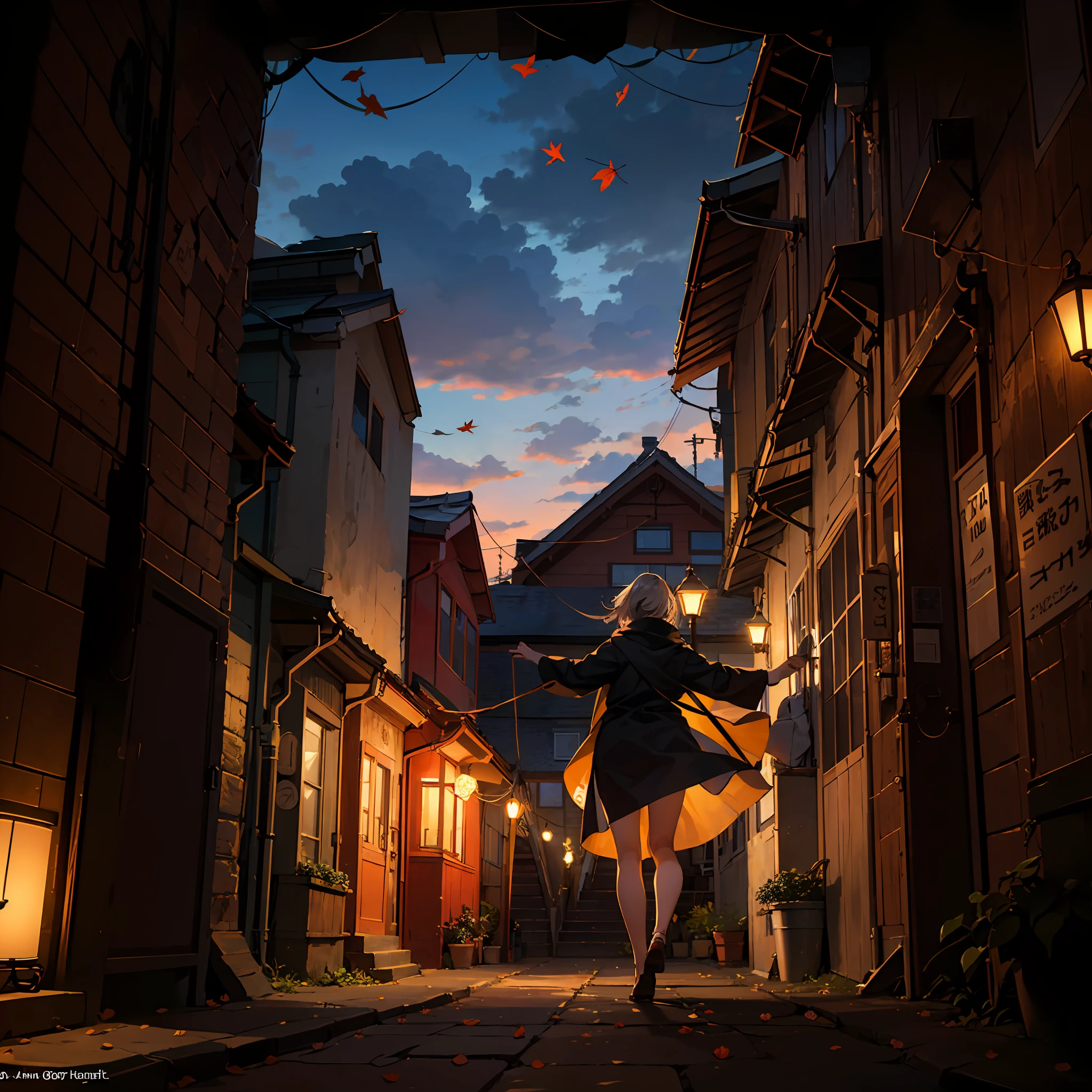 Expansive landscape photograph (general view, on which you can see the sun, The sky in, The wind blows the leaves and the alley, slums, The wind whirls the leaves), Girl in a raincoat jumps up , dynamicpose, catches leaves, running down the alley and looking up, + 1 woman, Dynamic motion, dinamic angle, The Cloud and the Mountain, (flower field: 1.4) In the foreground, gray cloak, Light tracing, (Floating colorful wind: 1) (photo-realistic: 1.4), offcial art, Unity 8k壁纸, Ultra-detailed, Beautiful and aesthetically pleasing, masterpiece, beste-Qualit, luminous skin, 电影灯光, slight smile (daytime, The sky: 1,2), ( Lots of circling leaves: 0,9), (The sun is shining: 1,3), A Distant Mountain , дерево BREAK production art, (Warm light source:1.2), (Firefly:1.2), lamp, a lot of yellow, Orange, Green, intricate details, volumetric lighting BREAK (masterpiece:1.2), (beste-Qualit), 4k, overdetalization , (Dynamic composition: 1.4), Highly detailed, colorful details, --auto