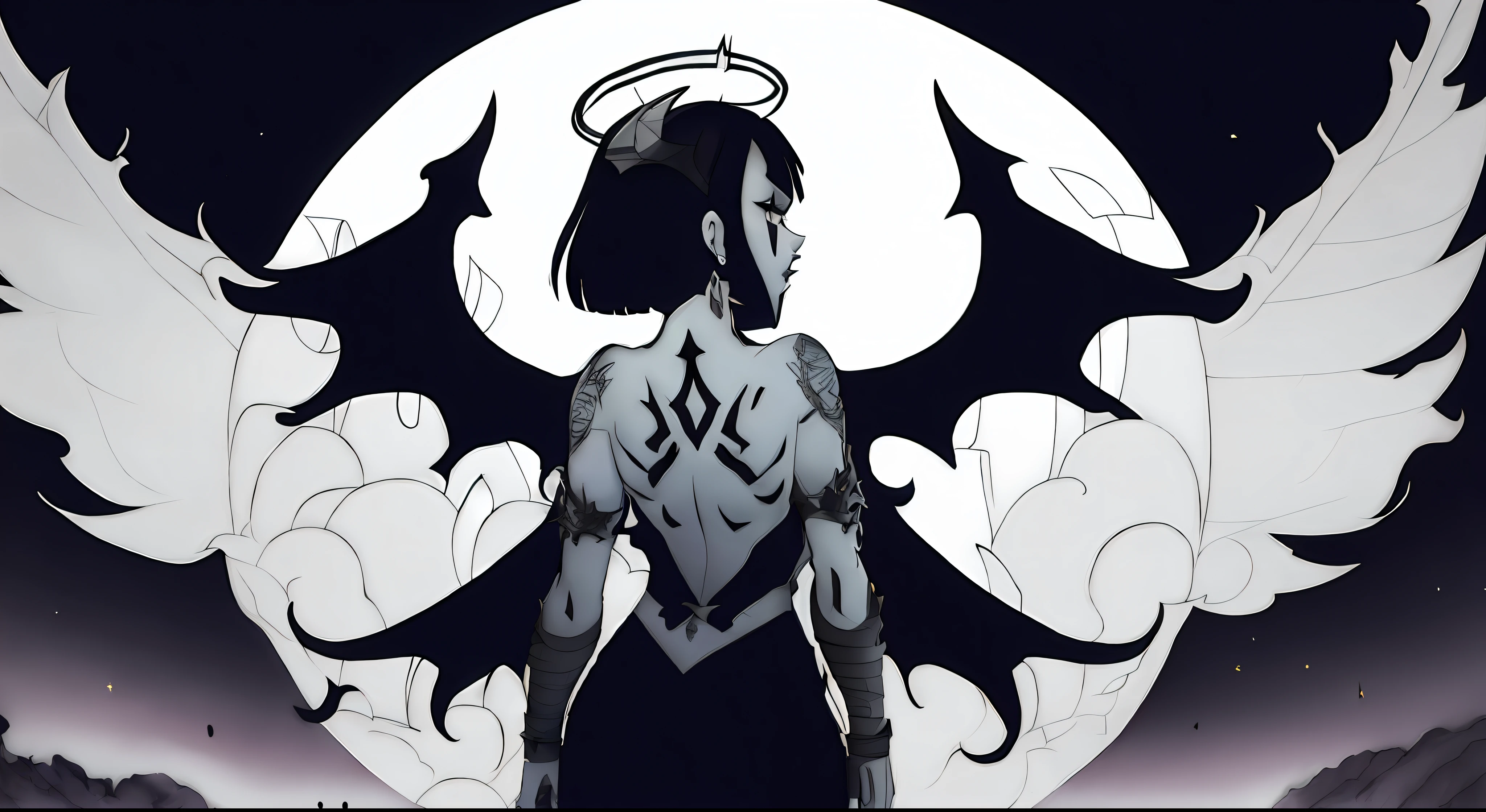 anime - style illustration of a woman with wings and a halo, demon girl, with hellish devil wings, villainess has black angel wings, demoness, demon woman, dark linework, dark high-contrast concept art, detailed angel wings,