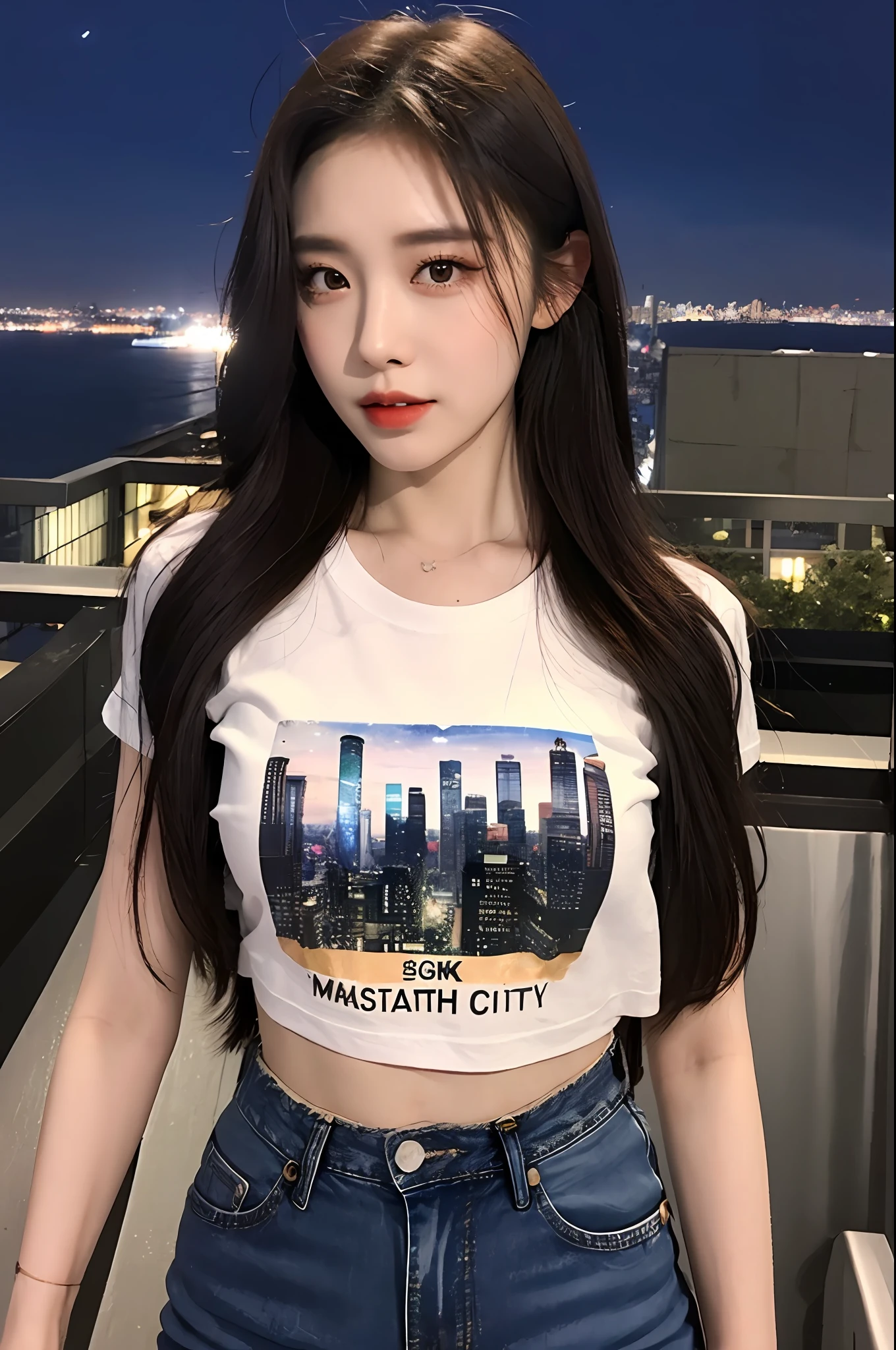 ((Midnight, Best quality, 8k, Masterpiece :1.3)), Whole body, Long legs, Sharp focus :1.2, A pretty woman with perfect figure :1.4, Slender abs :1.1, ((Dark brown hair, Big breasts :1.2)), (White tight tshirt, Jean bib, Standing:1.2), ((Night city view, Rooftop:1.3)), Highly detailed face and skin texture, Detailed eyes, Double eyelid