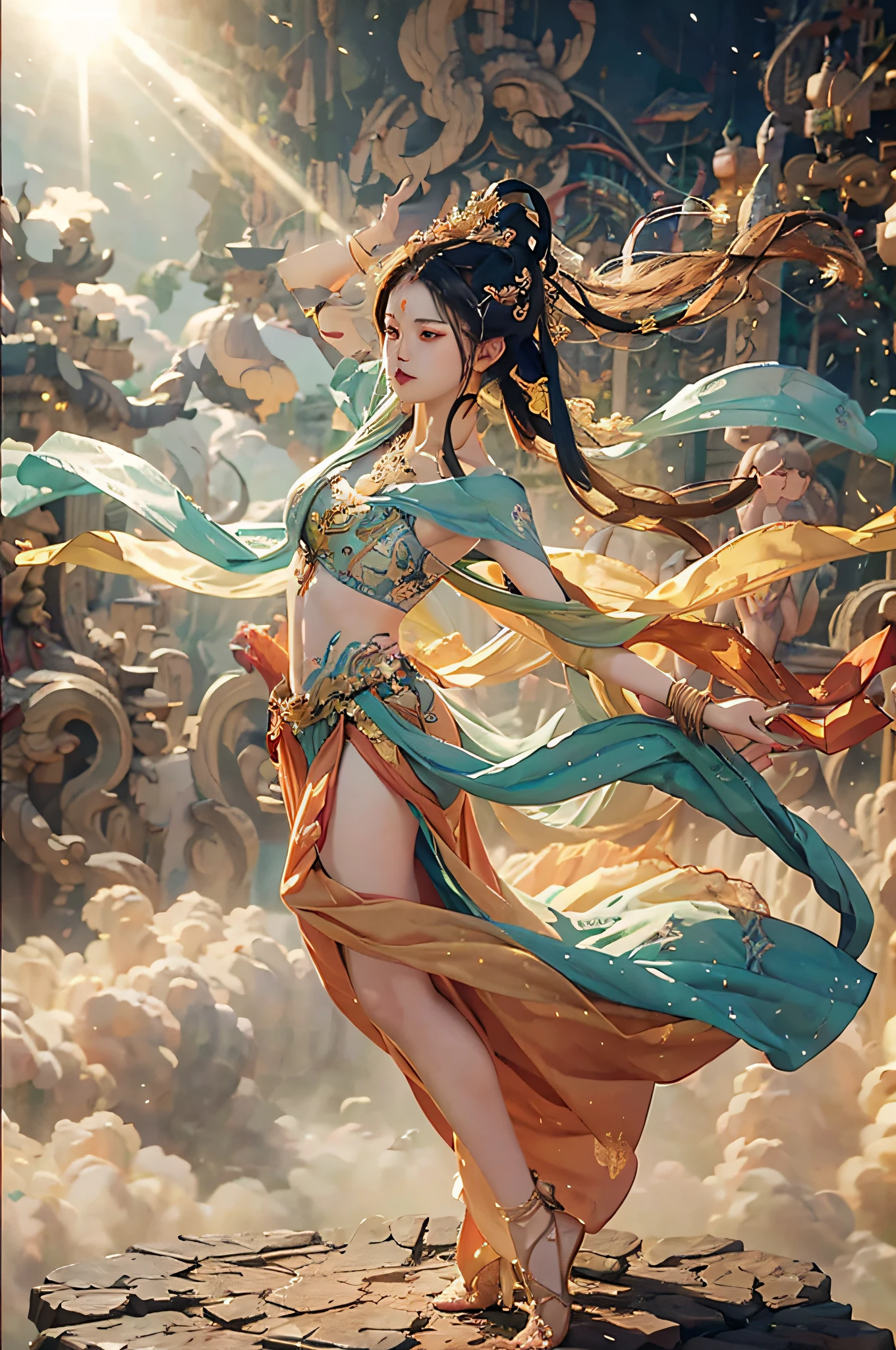 nsfw,(RAW photos,best quailty),(realisticlying,photograph realistic:1.3),best quailty,highly detaile,tmasterpiece,ultra detali,illustratio,1 dancer,full_body,dynamic angle,dangling,upon the clouds,Masterpiece Theatre of the World,messy_long_hair,best quailty,extremely detailed CG Unity 8k wallpapers,ink,astonishing,cinmatic lighting,lens_flare,dunhuang_style,