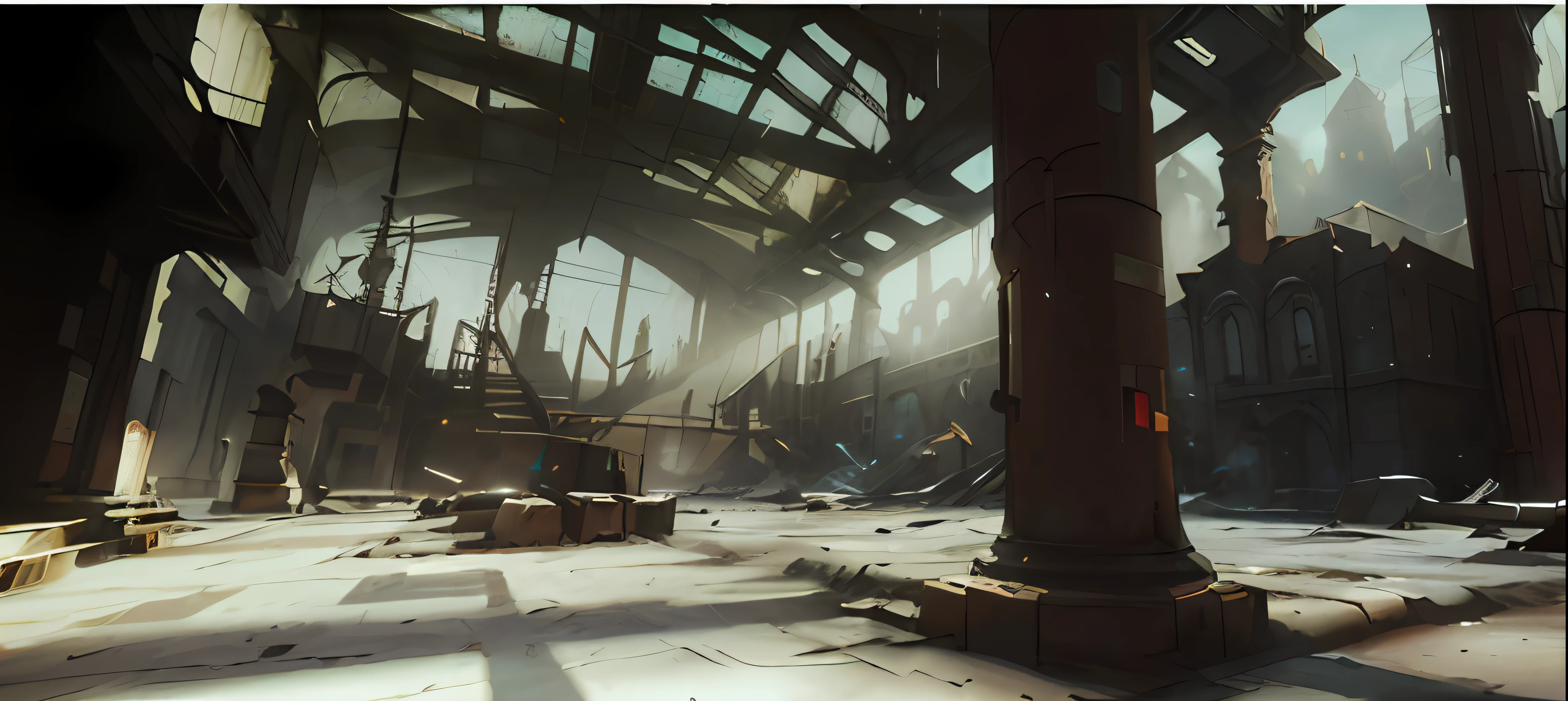 there is a large room with a clock and a large clock tower, concept art for a video game, disco elysium concept art, movie concept art, movie concept art, movie environment design, concept art scene, Dramatic lighting. concept-art, video game environment design, inspired by Ismail Inceoglu, bioshock concept art, painterly concept art
