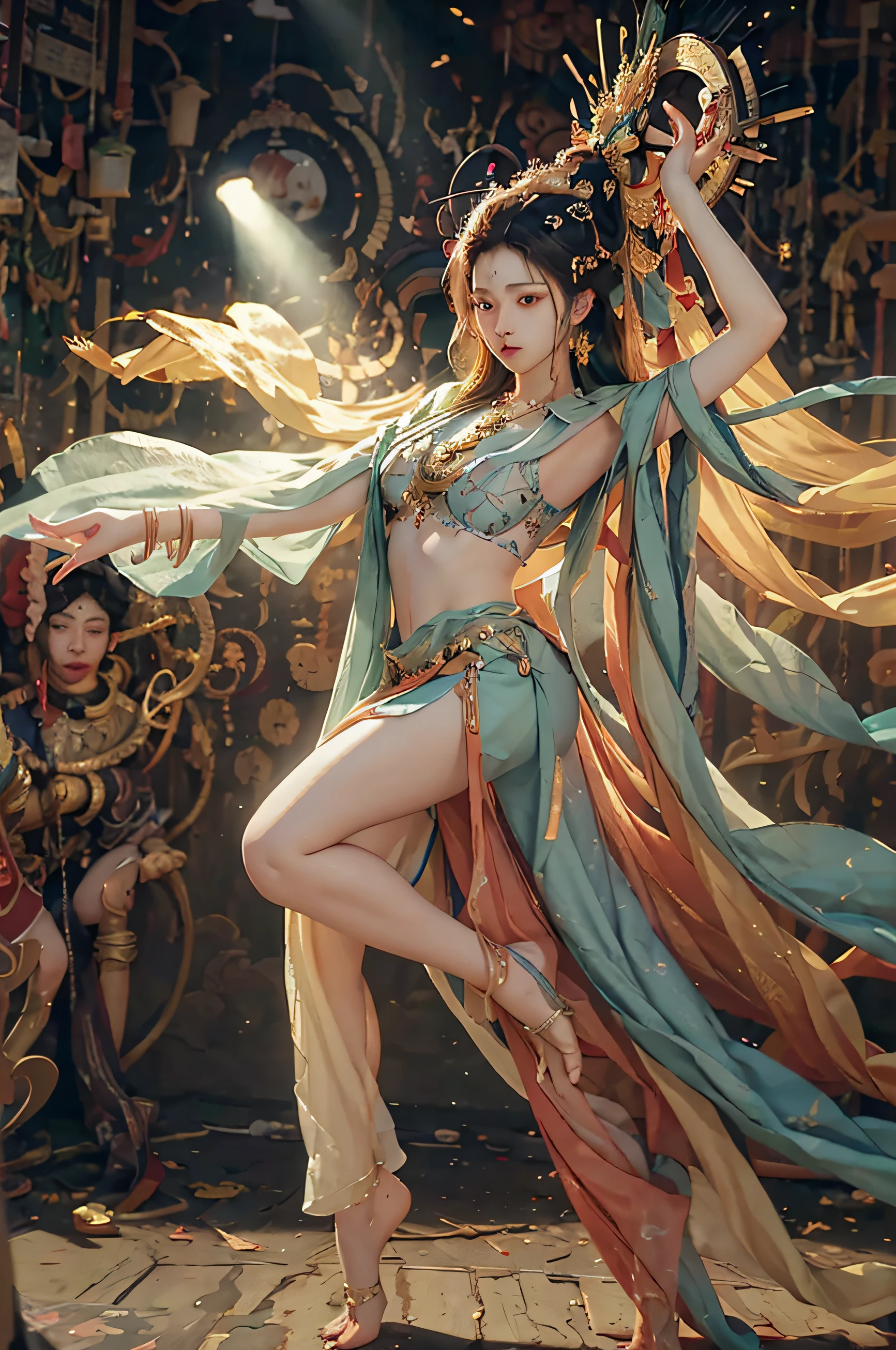 nsfw，（RAW photos，best quailty），（realisticlying，photograph realistic：1.3），best quailty，highly detaile，tmasterpiece，ultra detali，illustratio，1 dancer，full_body，dynamic angle，dangling，upon the clouds，Masterpiece Theatre of the World，messy_long_hair，best quailty，extremely detailed CG Unity 8k wallpapers，ink，astonishing，cinmatic lighting，lens_flare，dunhuang_style，