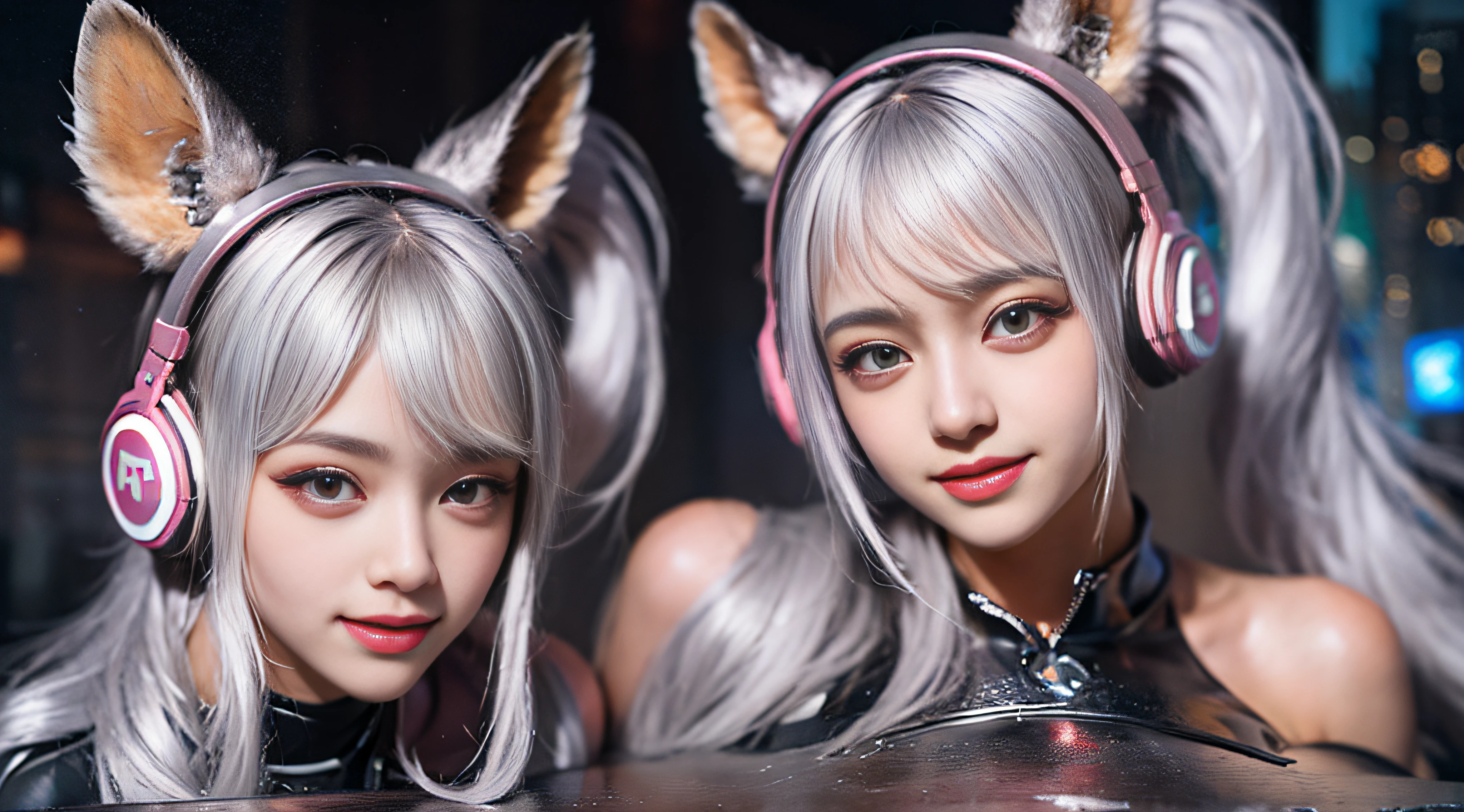 Best quality, super high resolution, (realism: 1.4), masterpiece, 1girl, Kpop idol, (aegyo sal: 1.0), puffy eyes, (city of ruins), alice\(nikke\), (pink bodysuit), ((beast ear headphones)), (shiny clothes), double ponytails, (latex onesie), (rubber suit), shoes, (cleavage), (slim), ((white hair)) ,(silver hair),(gray hair),((red pupils)),(looking at viewer),(smiling),Happy,(long hair),nsfw,depth of field,detailed face,shiny skin,beautiful detailed eyes , heavy eye makeup, slim waist, blush, detailed eye makeup, perfect anatomy, (pureerosface_v1:0.55),