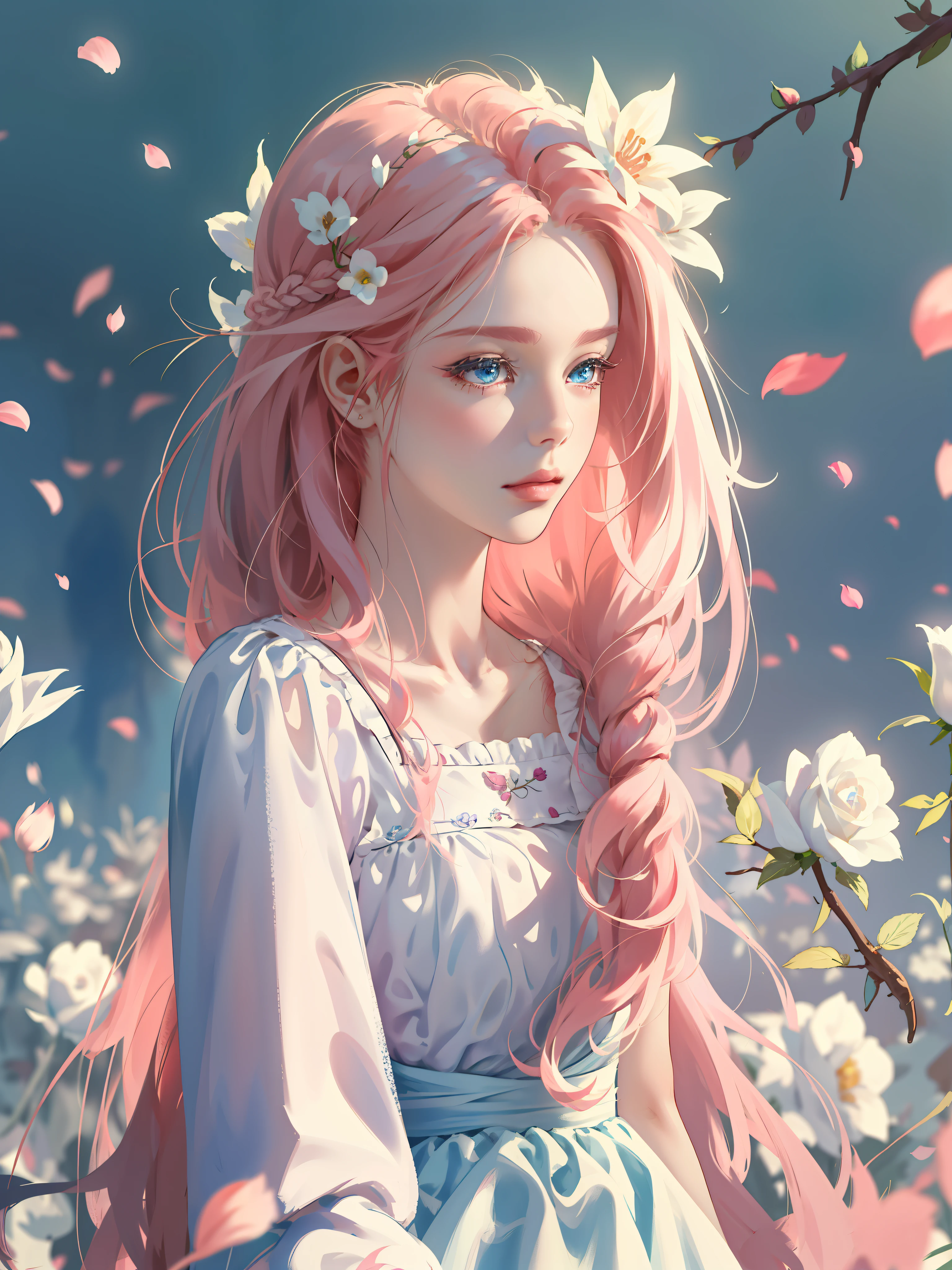 ((Masterpiece)), high quality, super detailed, pink hair + white clothing: 1.2, sweet and delicate girl, delicate facial features, perfect figure, surrounded by roses, bright bright colors, pearl white background, romantic long hair, natural light, warm and sweet, blue eyes, flower hair decoration.