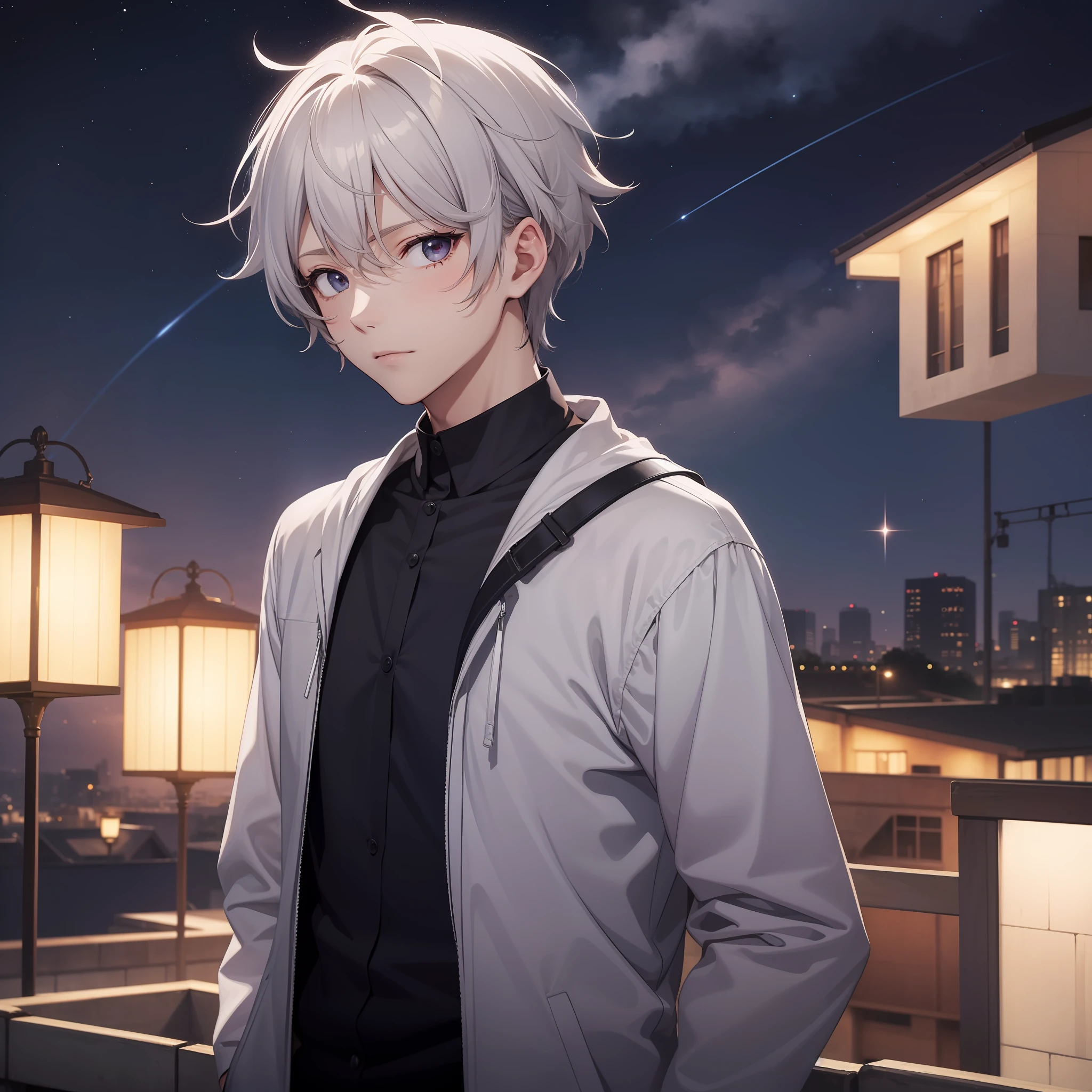 One guy,Anime male,gray hairs,background starry sky,The shirt