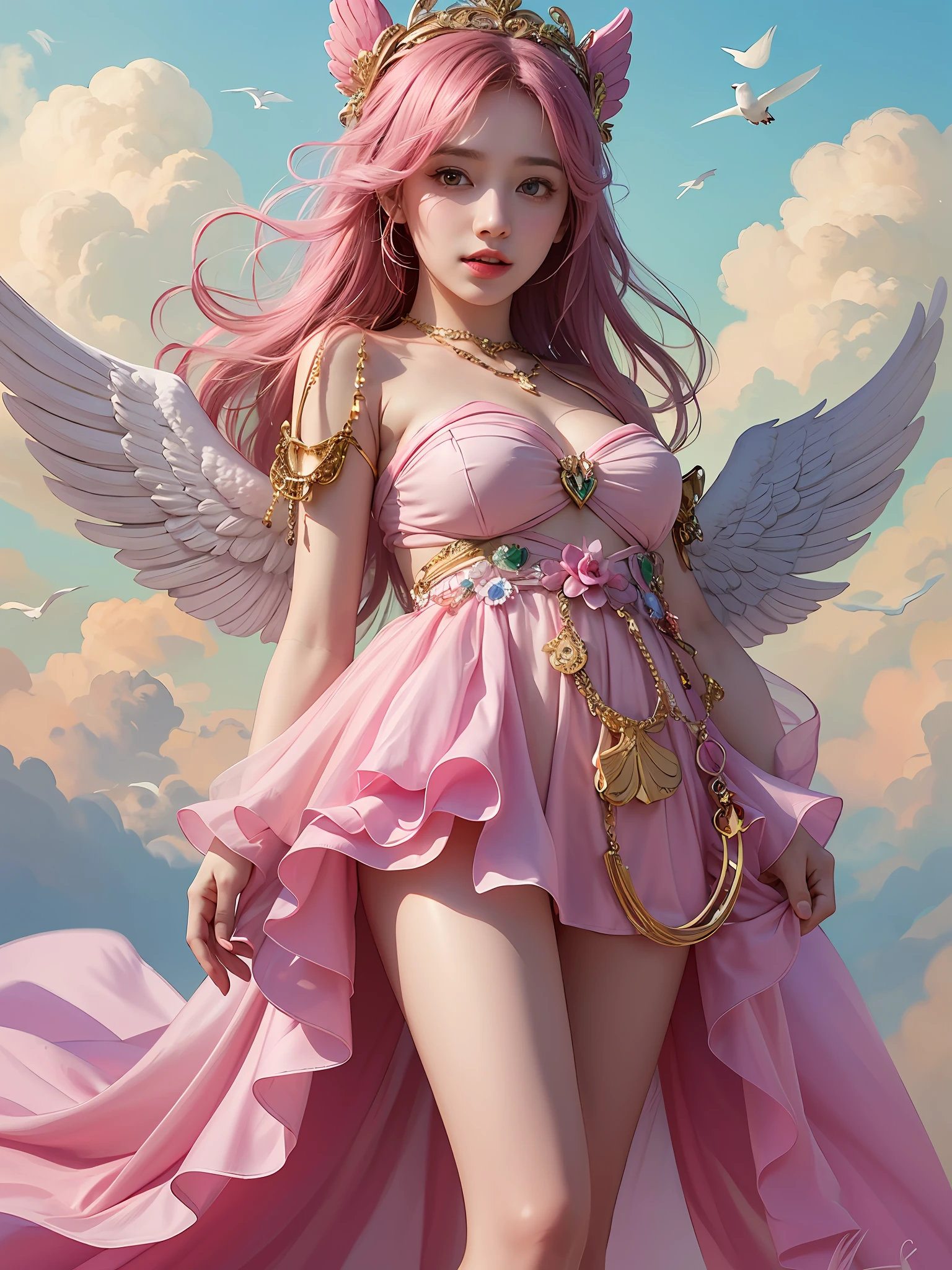 1 Girl,solo, Teenage, pinkdress, pairs of pink bird wings on head, Gold necklace, Cloudy background, Colorful clouds, Full body, Floating in the sky, looking looking at viewer,
((巨作)), ((Best quality)), ((highly-detailing)), (Detailed face), (offcial art),