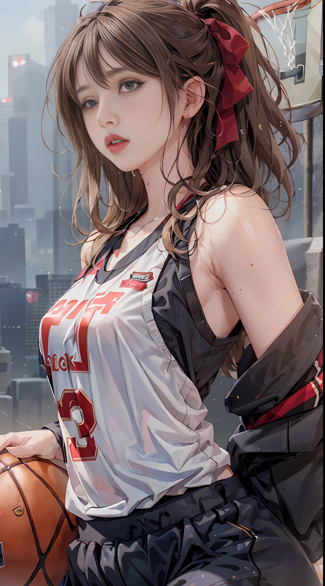 Masterpiece: 1.2, best quality), realistic, (real picture, rich details details, depth of field), (1girl, solo), makeup, cleft lip, high detail, perfect face shape, (small breasts: 1.4), (skindentation), thick thighs, Wide hips, thin waist, tall, coral, red lips, red eyes, ponytail, ((((basketball girl, loose clothes, black basketball suit, mid-length pants)))), (sweat: 1.2), (wet), blush, sweaty