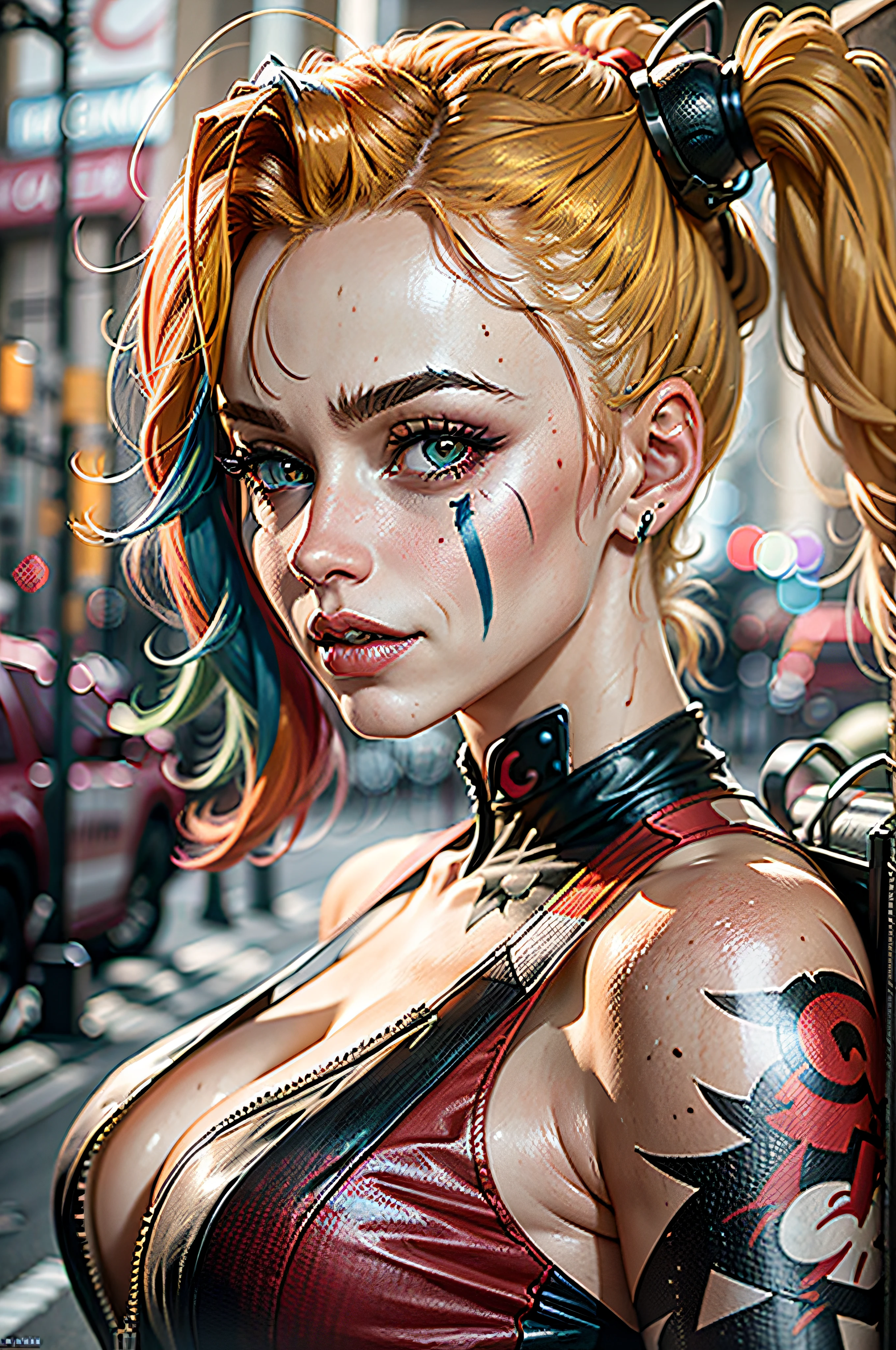 Close up of Harley Quinn in the street, cyber punk, 32k resolution, photo realistic, hyper detailed, best quality, natural looking