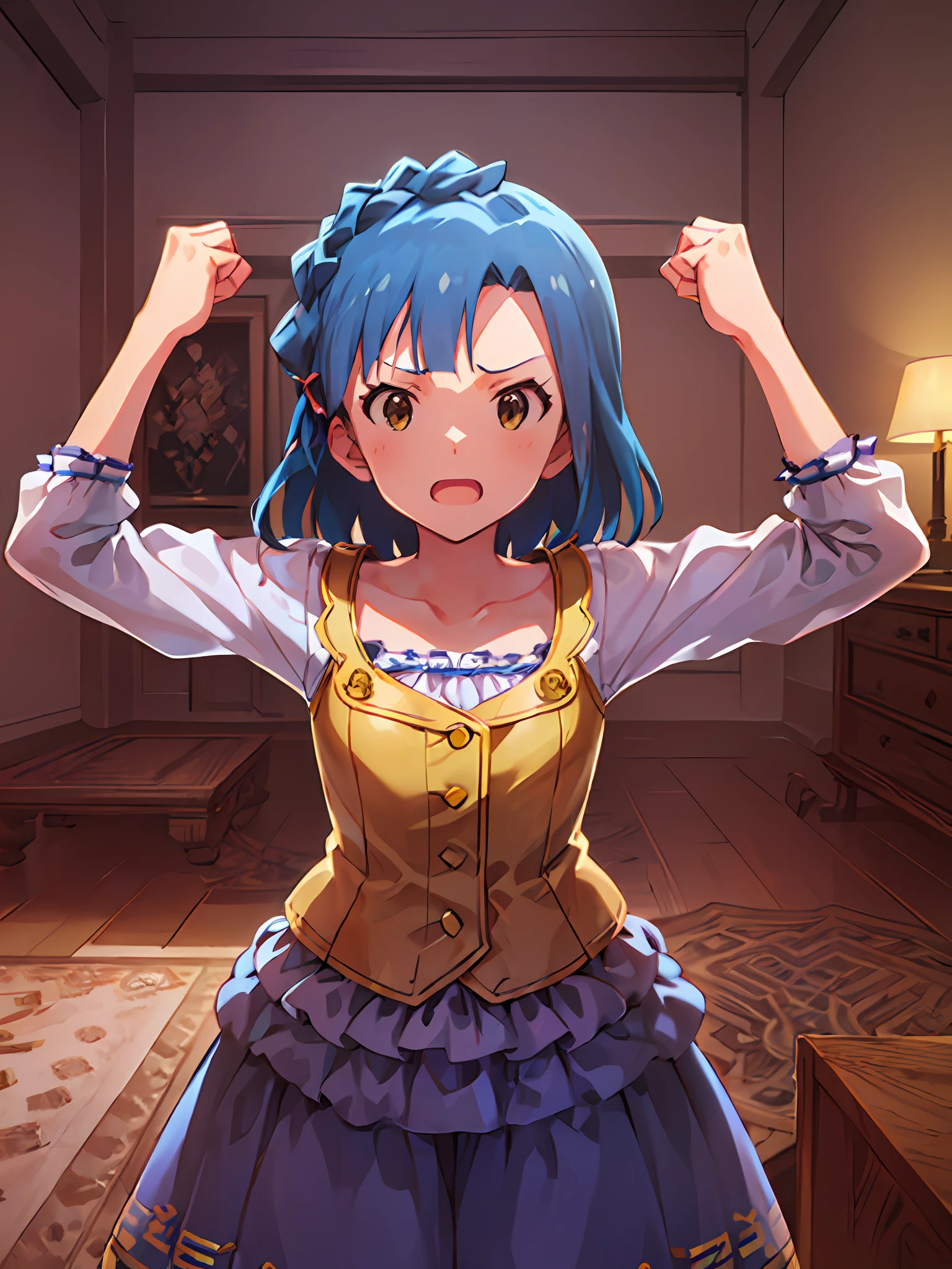 yuriko nanao (million live). Short stature. white t-shirts. suspenders.Skirt.(((masutepiece))).(((Best quality))).)((Ultra-detailed))).(((Illustration))). (((Put your hands on your hips))).((a room)).make a fist.up chest.Look at viewers.Despair face.natta.inside a house.natta.to stand.